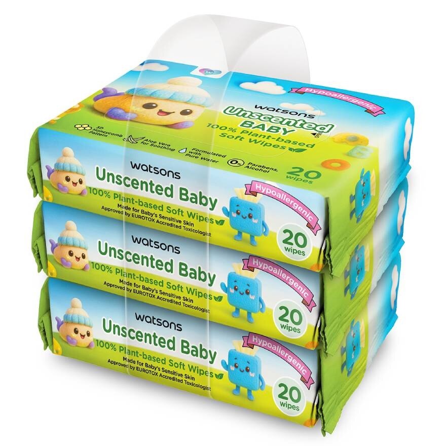 Watsons Unscented Baby 100 Eco-Friendly Soft Wipes 20 sheets x 3 Packs.