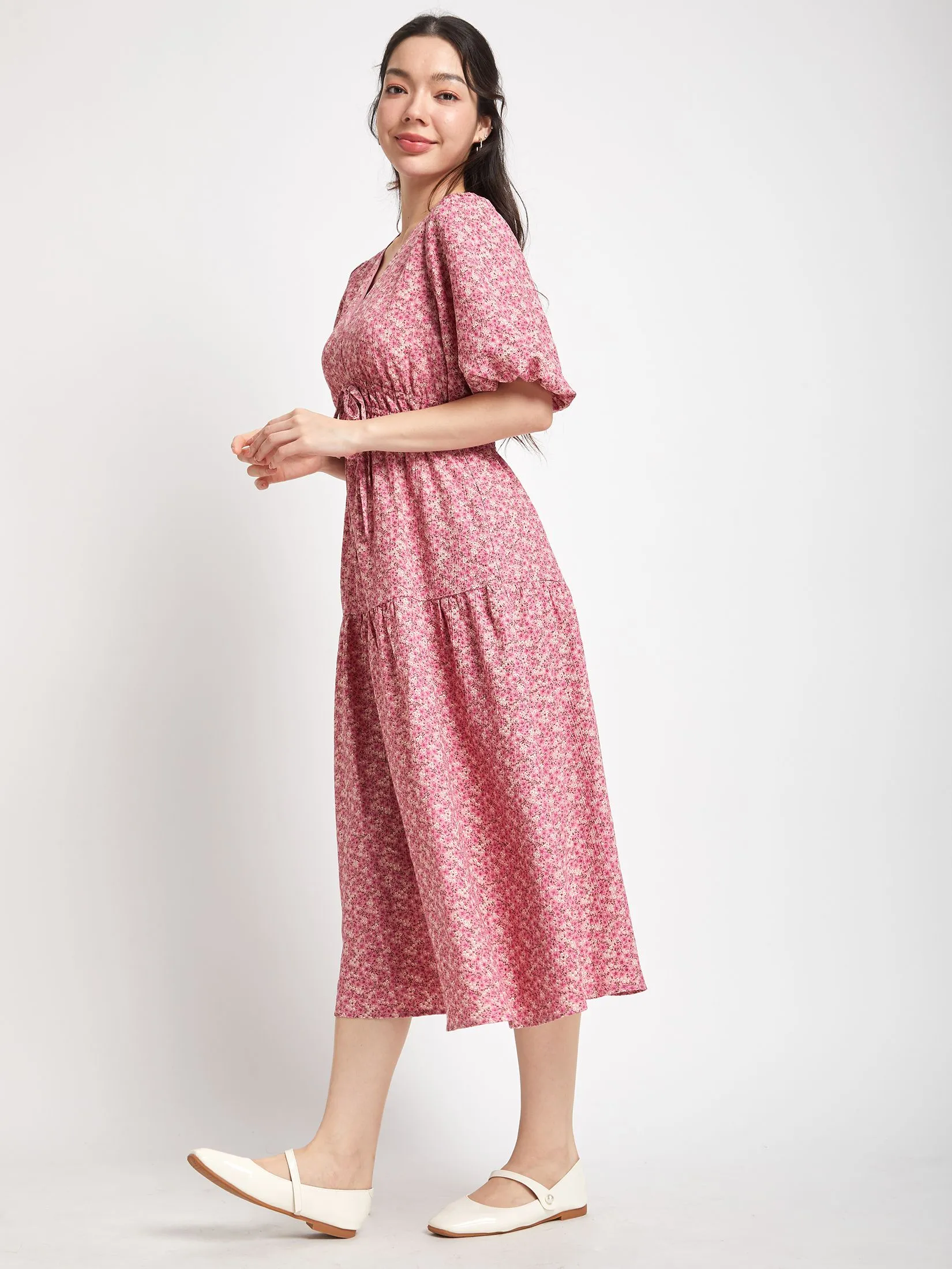 LOLITA Bell-Sleeve V-Neck Midi Dress With Ruched Ribbon Detail