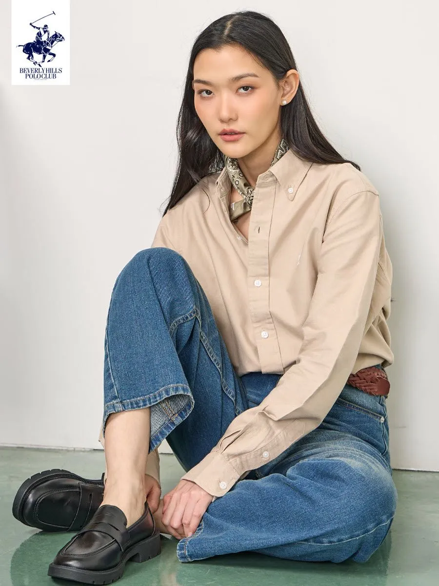 BEVERLY HILLS POLO CLUB Men Oxford Relax Fit Shirt Long Sleeve, Light Brown