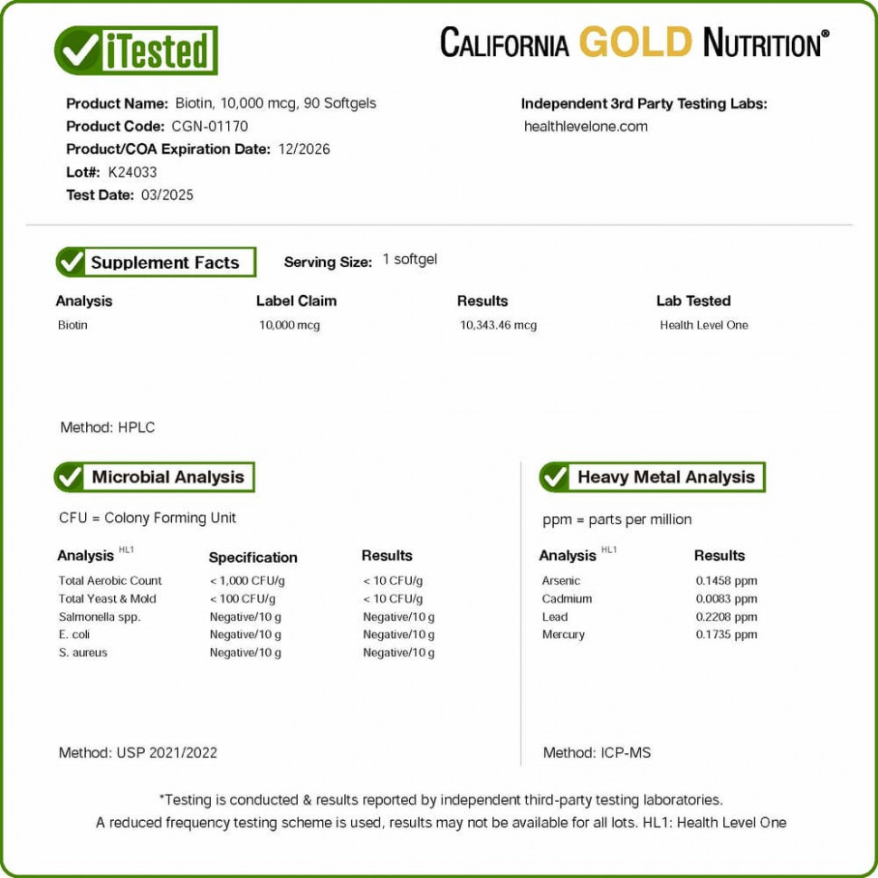 California Gold Nutrition, биотин, 10 000 мкг, 90 вегетарианских капсул