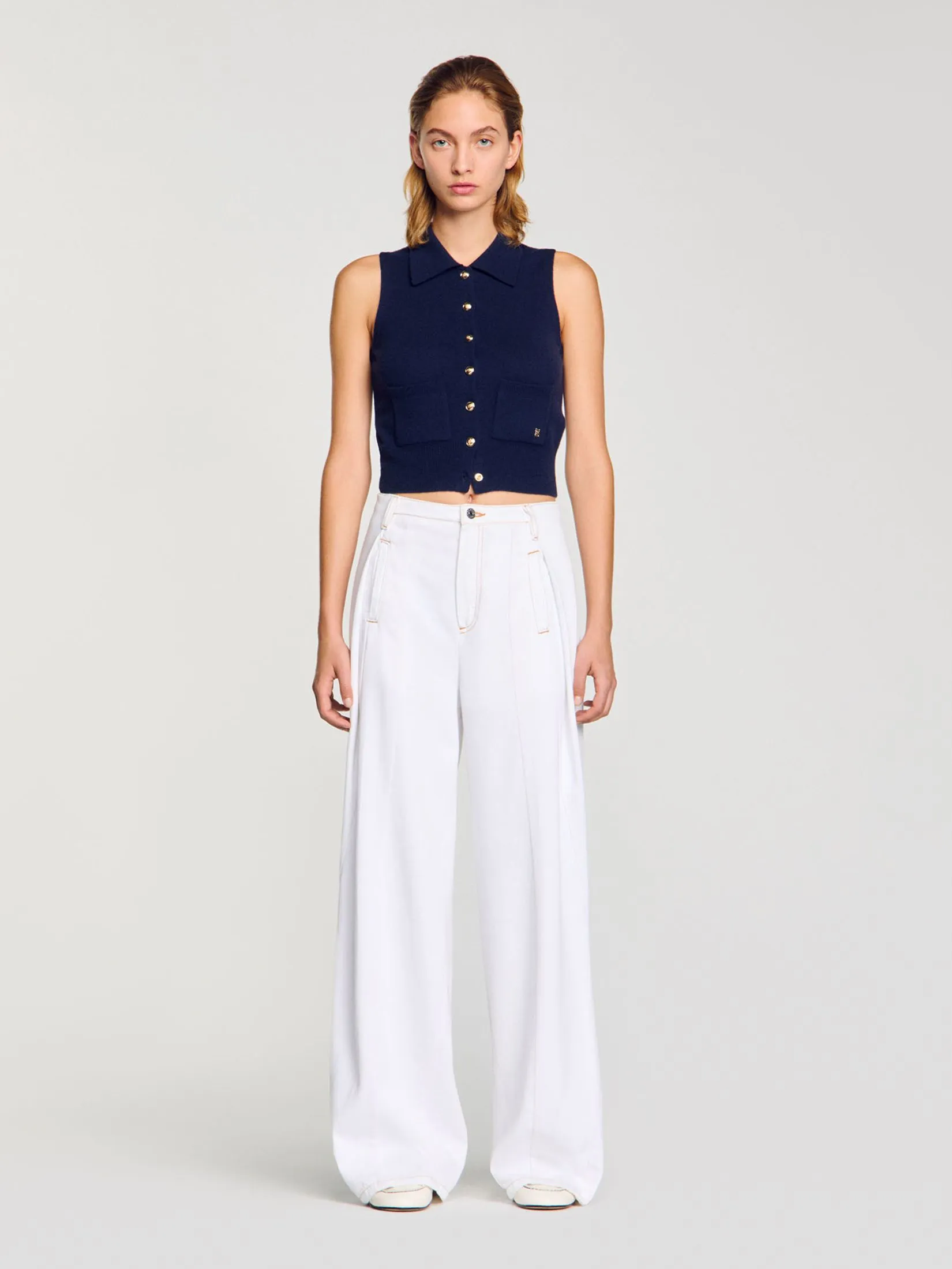 SANDRO Topstitched Wide-Leg Jeans