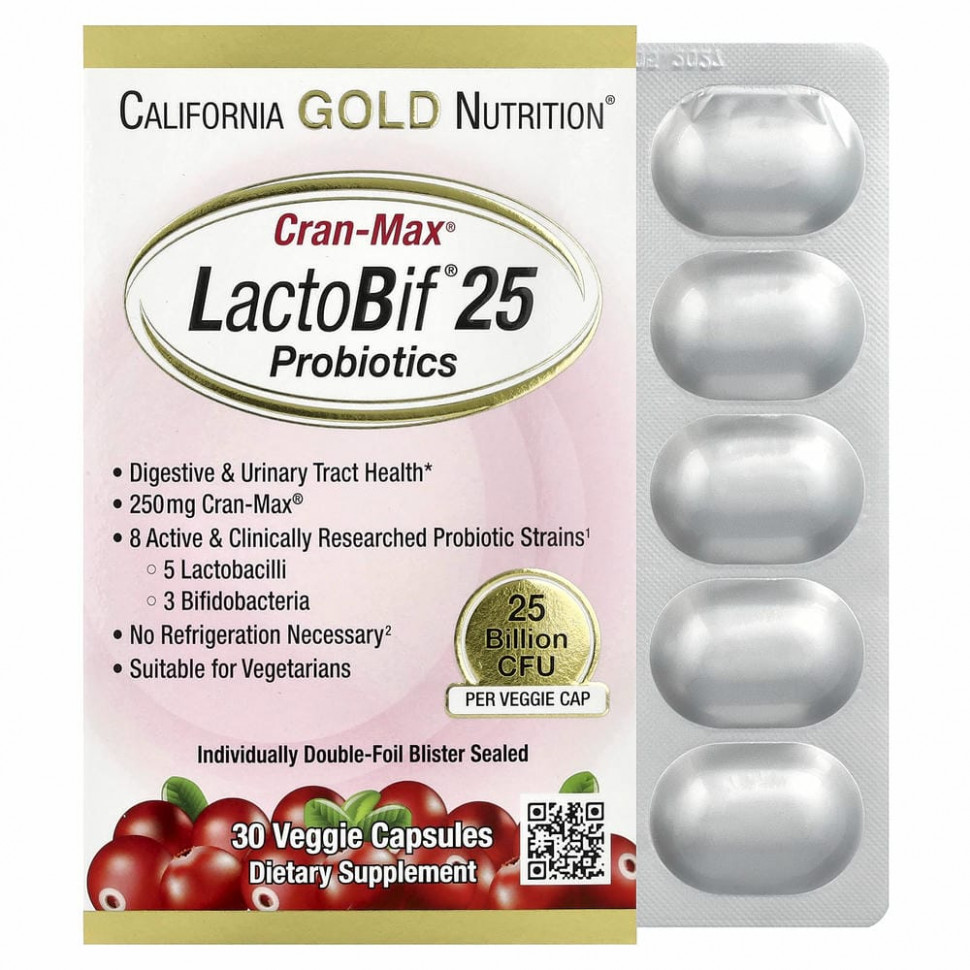 California Gold Nutrition, Lactobif, Cran-Max, пробиотики, 25 млрд КОЕ, 30 растительных капсул