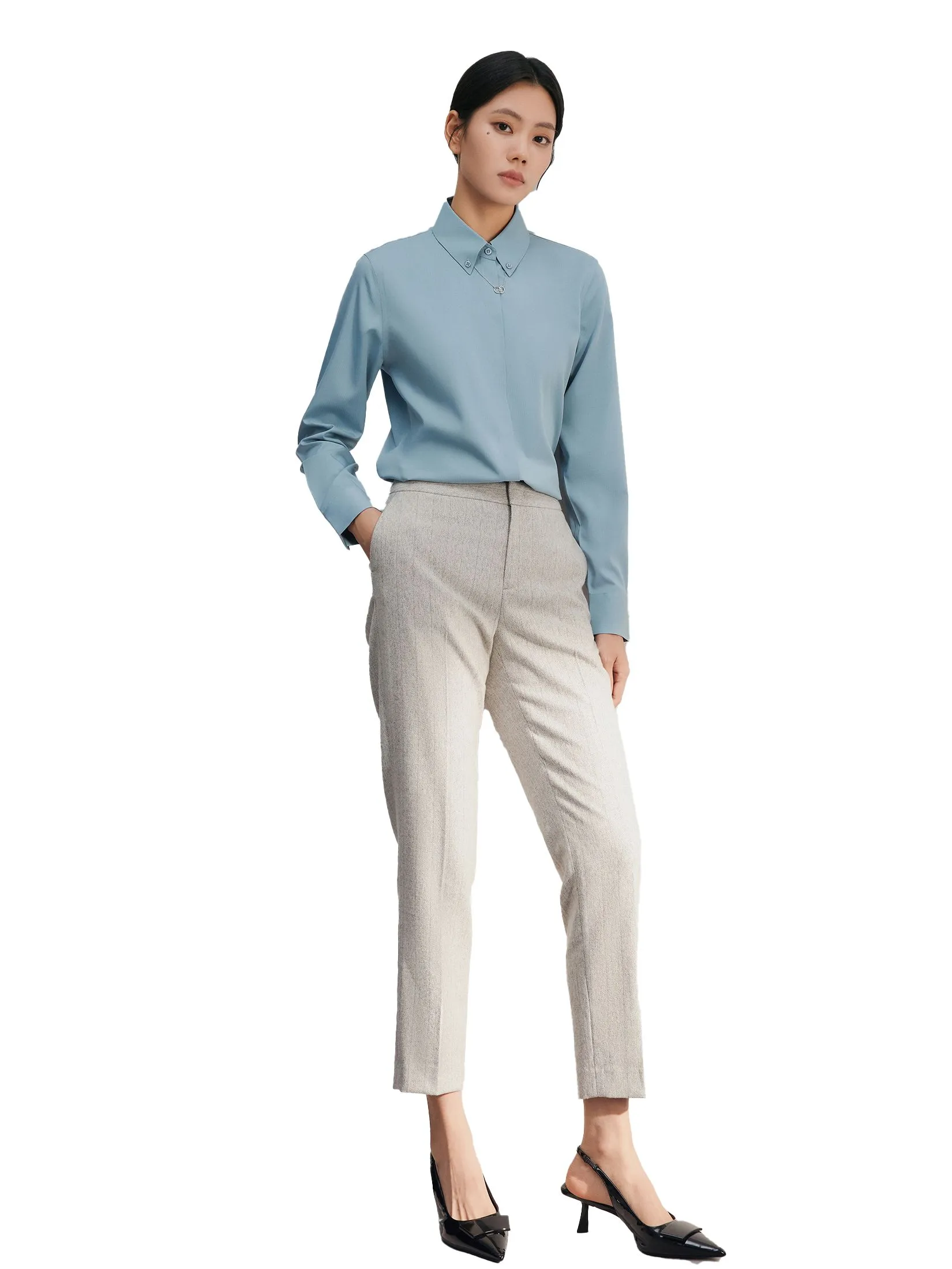 G2000 Women Clothing Modal Poly Spandex Dobby Twill With Detachable Necklace Shirt Slim Fit - Blue