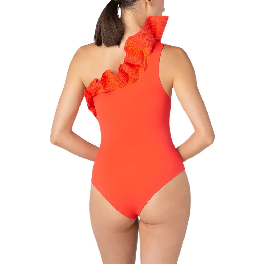 ANGELYS BALEK Orange One Shoulder Ruffle Women Swimsuit