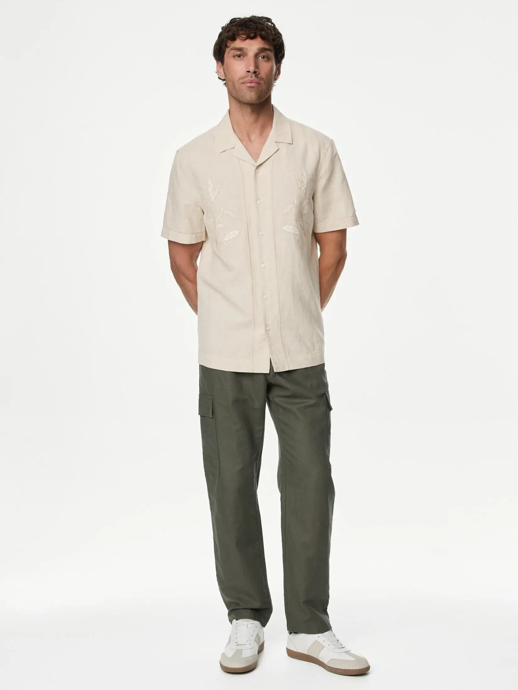 MARKS & SPENCER Men Shirt Short Sleeves Cotton Linen Blend Cuban Collar NB_ECRU MIX