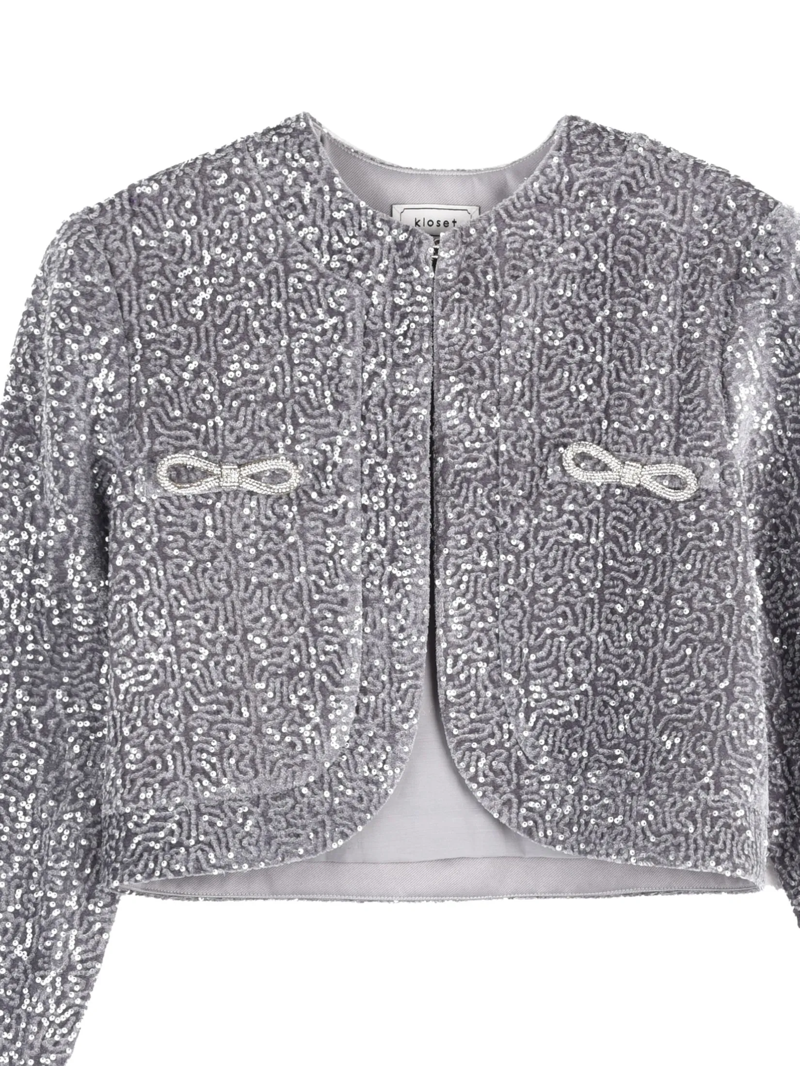 KLOSET (AW24) Women Sequin Blazer with Rhinestone Bow Grey