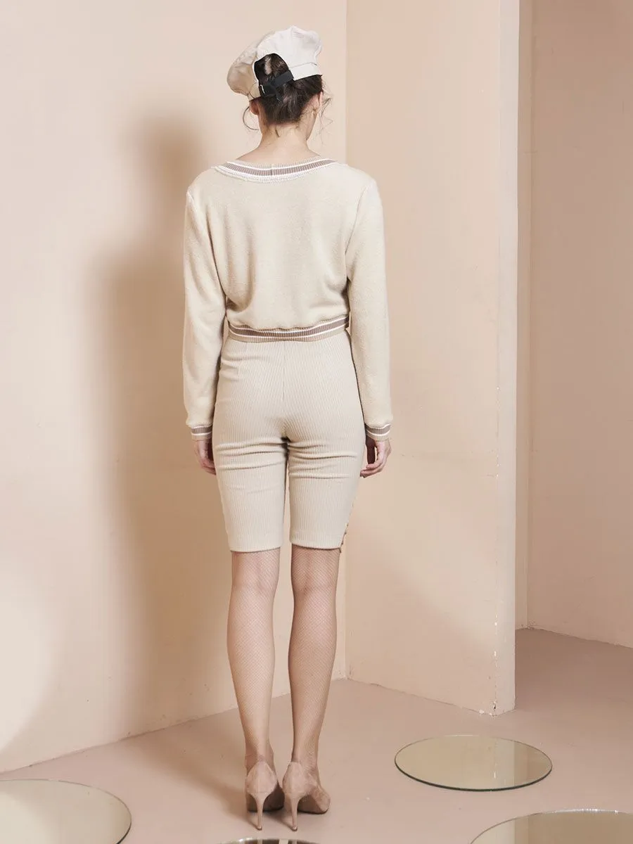 THEA BY THARA Button-Detailed Ribbed Stretch-Knit Shorts Cream