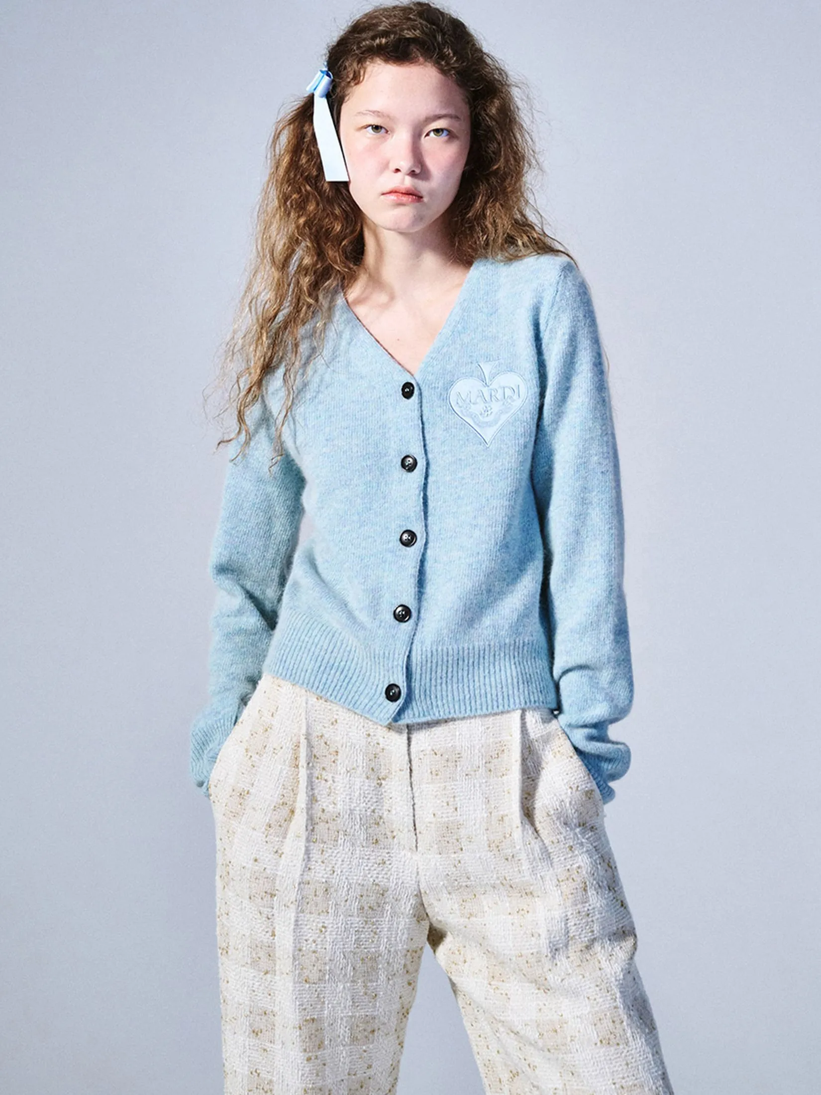 MARDI MERCREDI Raccoon Blended Cardigan V Neck Spade Mint F
