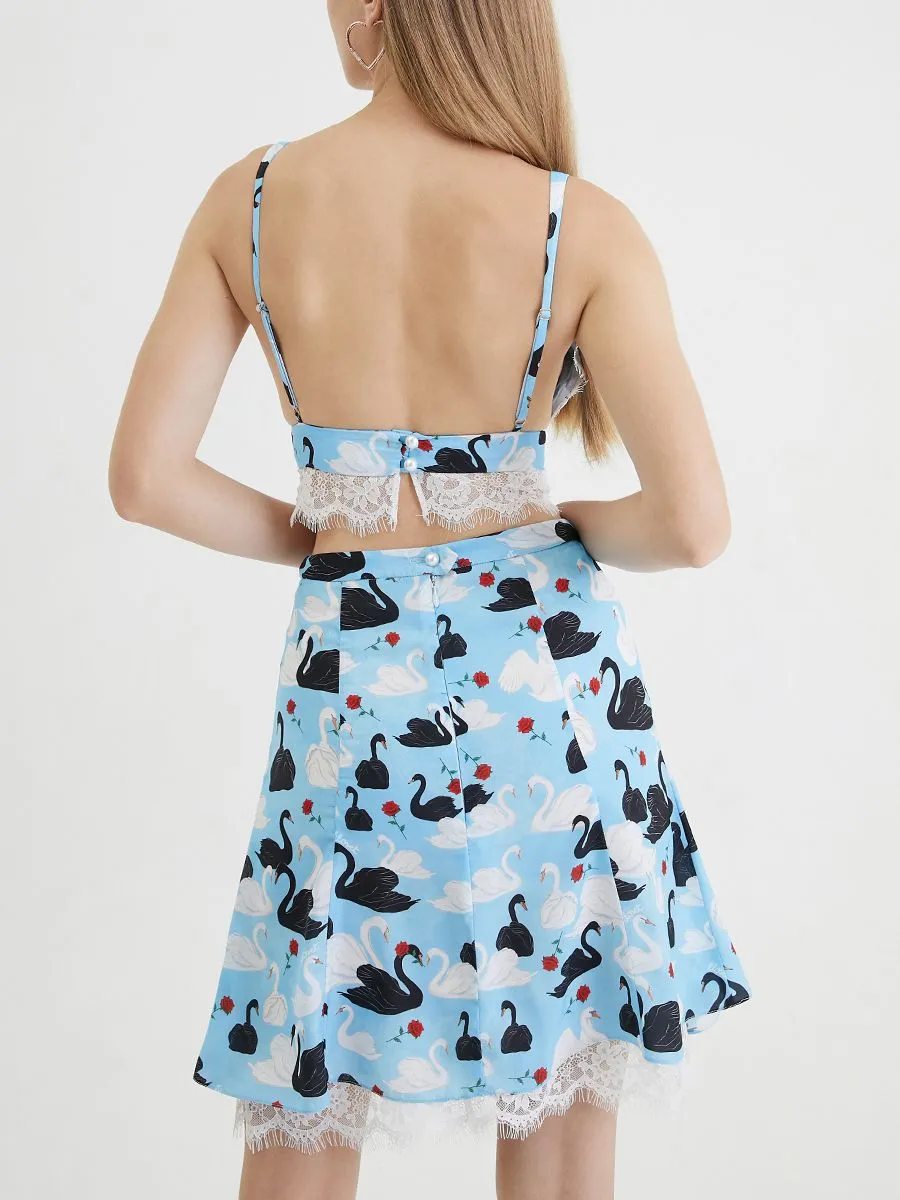KLOSET (RS24) Swan Print with Lace Detail  Blue
