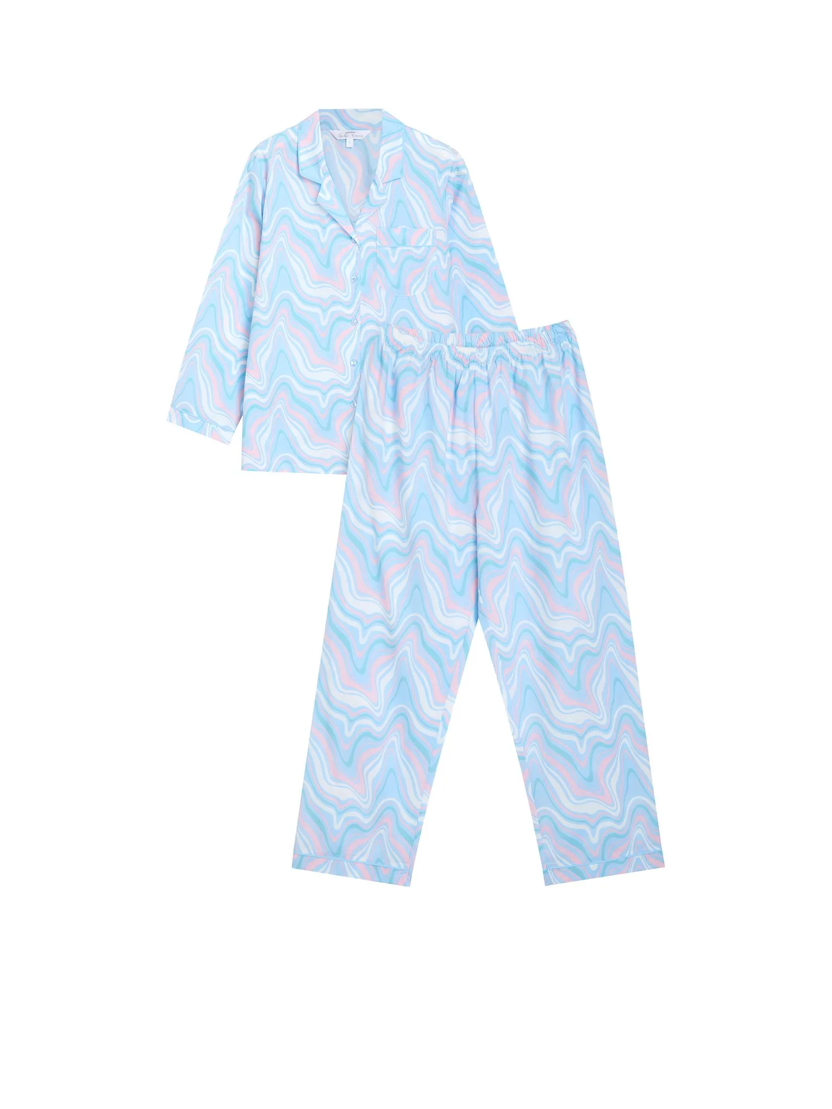 CLAUDIA'S ROMANCE Women Pyjamas Shirt Long Sleeves Hawaiian Collar + Pants Marble Swirl Light Blue