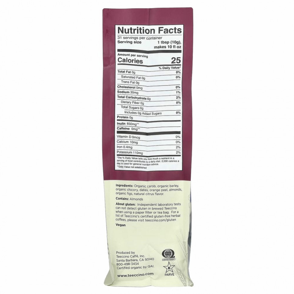 Teeccino, травяной кофе из цикория, средиземноморская смесь, апельсин, легкая обжарка, без кофеина, 312 г (11 унций)