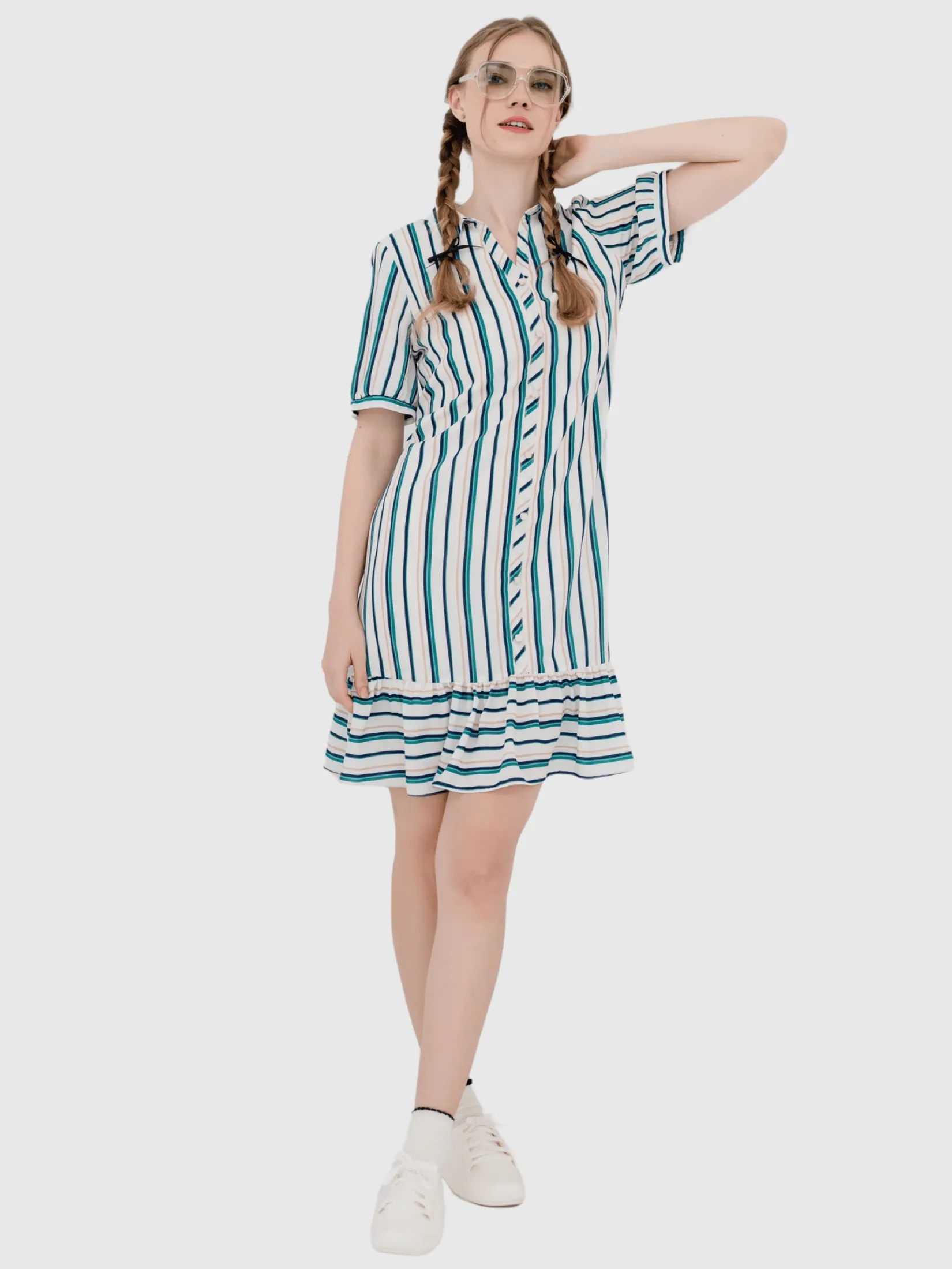 AMILA Women Dress Short Sleeves Peach Skin Off White