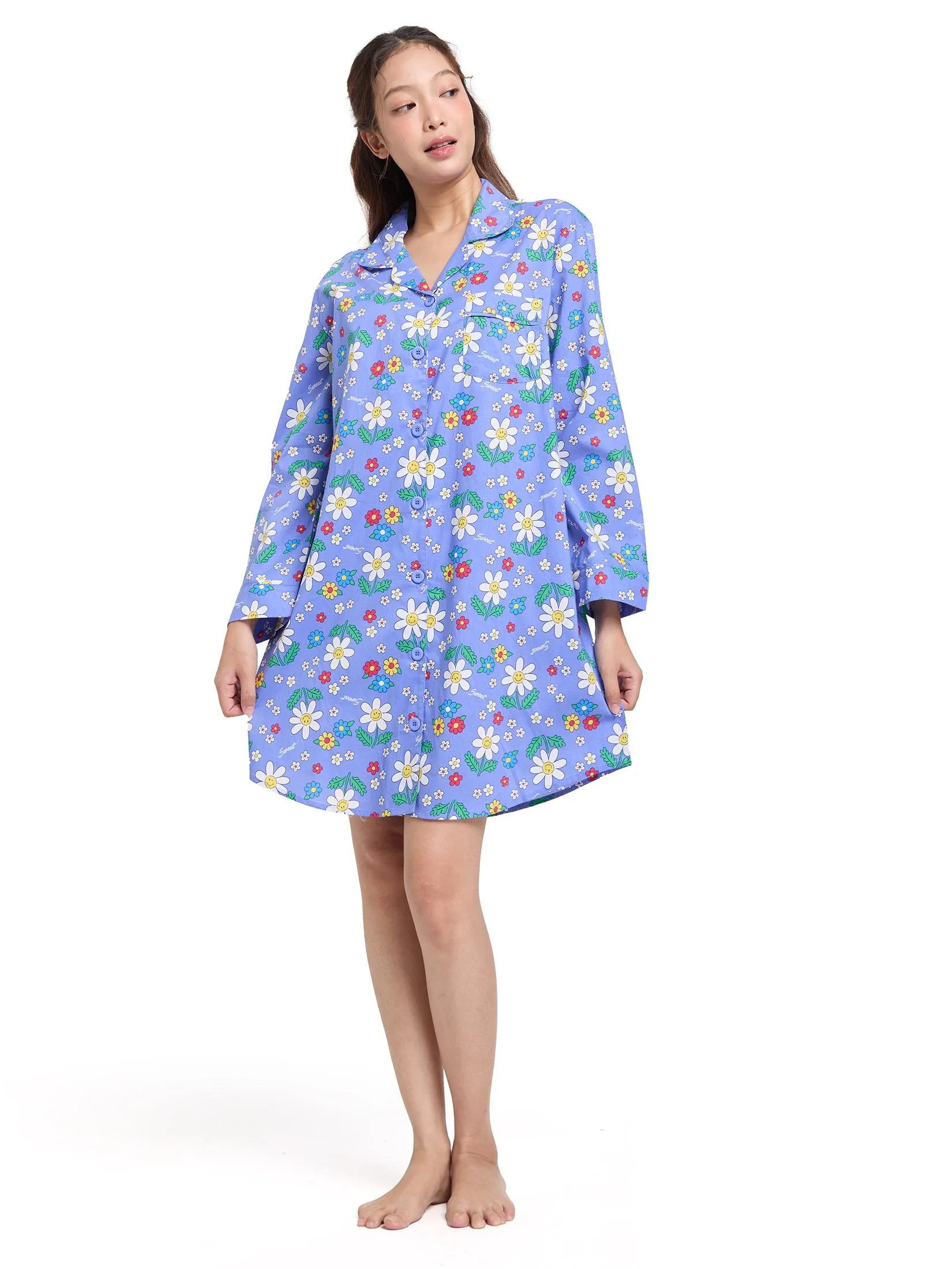 SWEET SENSATIONS Women Pyjamas Dress Long Sleeves Collar Neck Print Navy