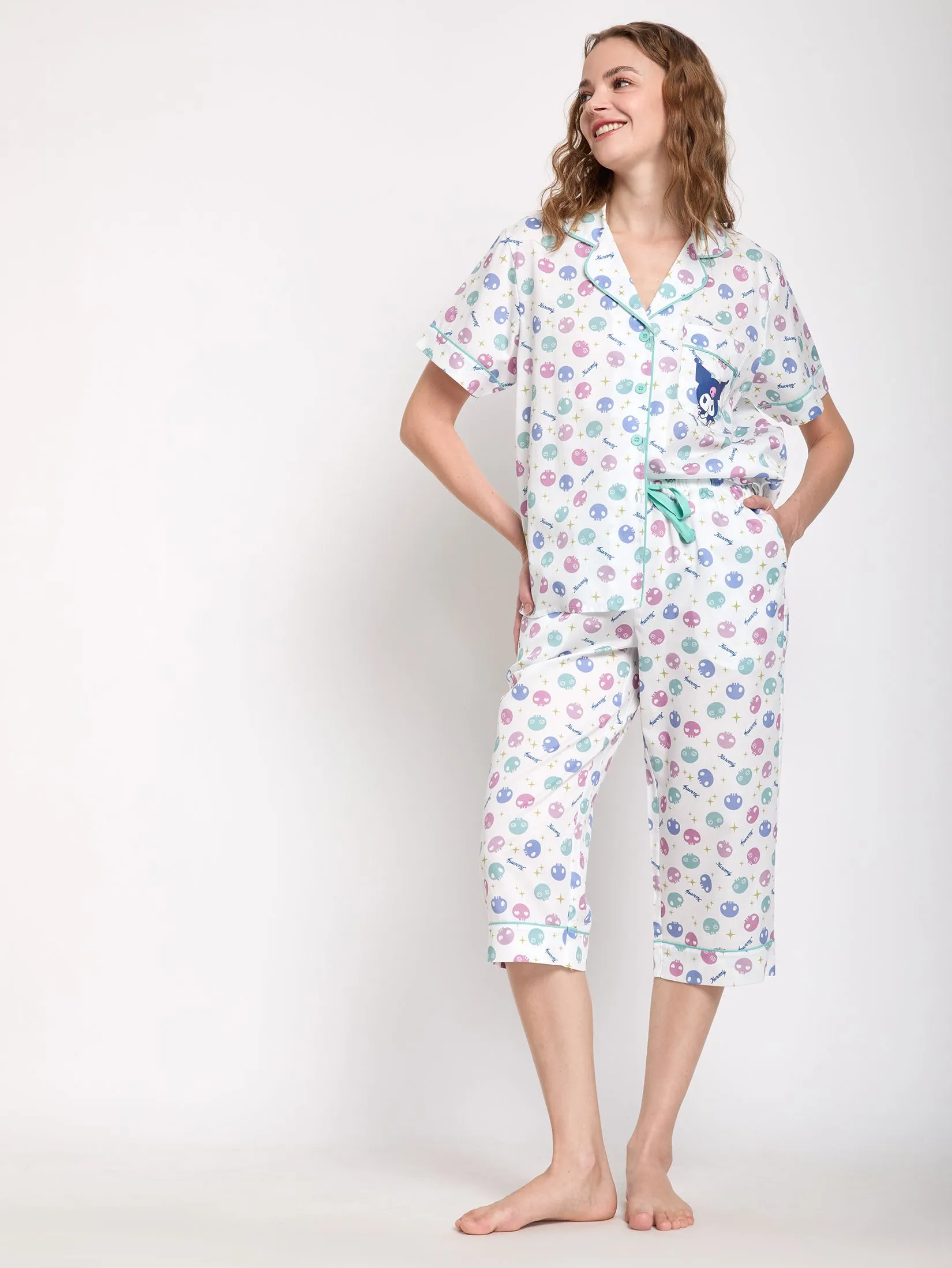SANRIO Women Sleepwear Shirt Short Sleeves + Cropped Pants Kuromi Star Light Blue
