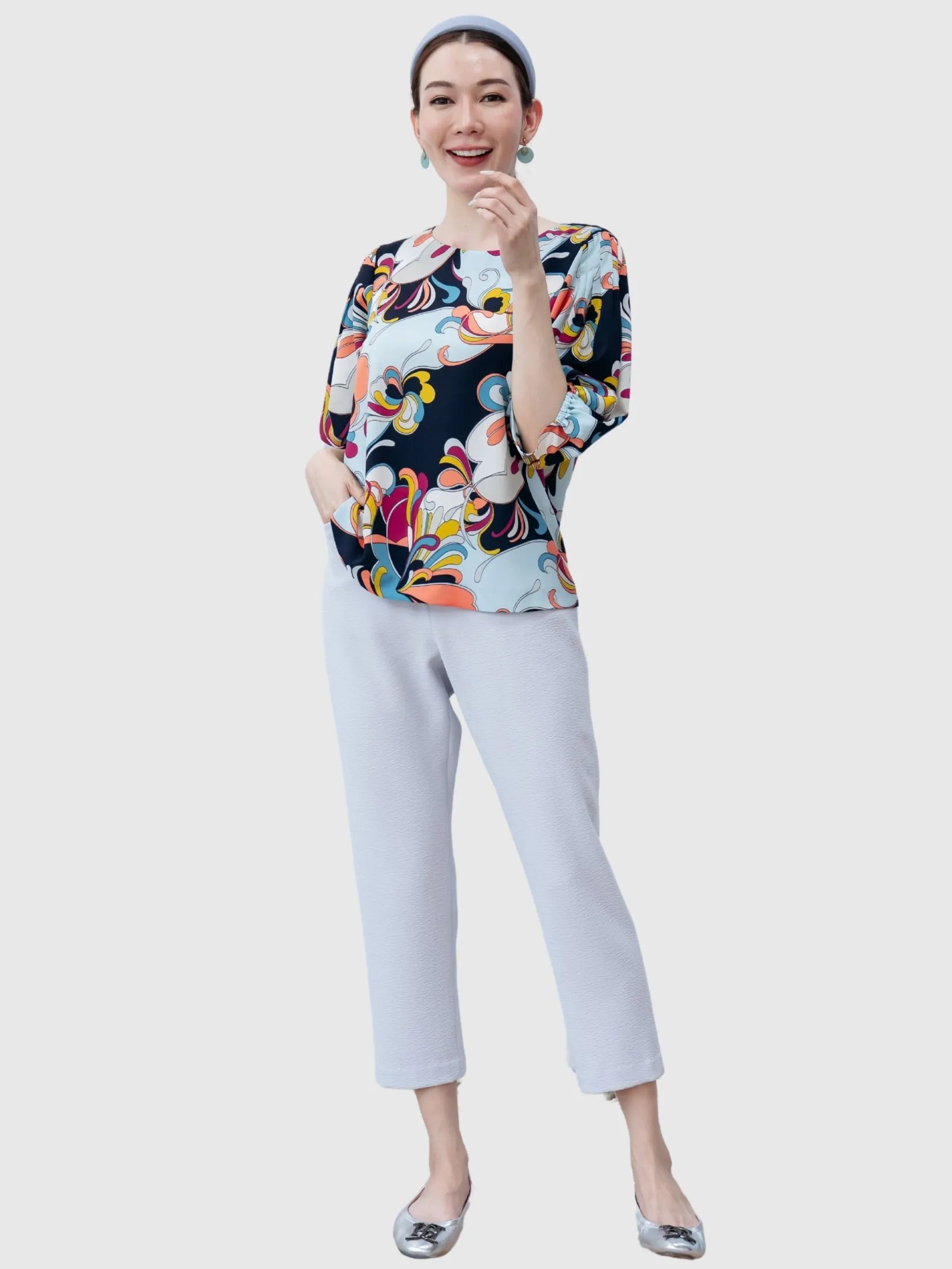 MIKIKO Women Blouse Long Sleeves Chiffon Dobby Navy Blue