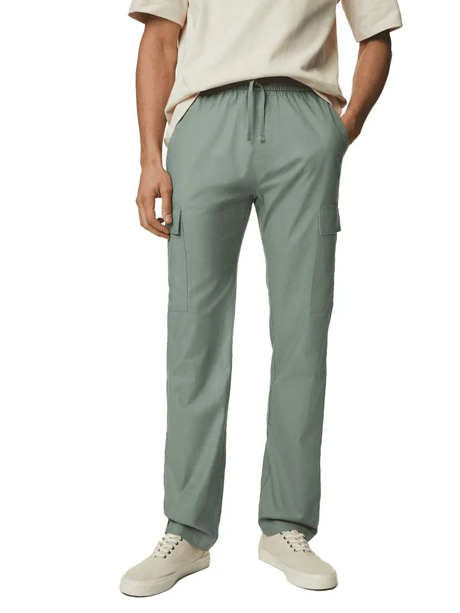 MARKS & SPENCER Men Cargo Trousers Linen Rich Elasticated Waist B8_Sage