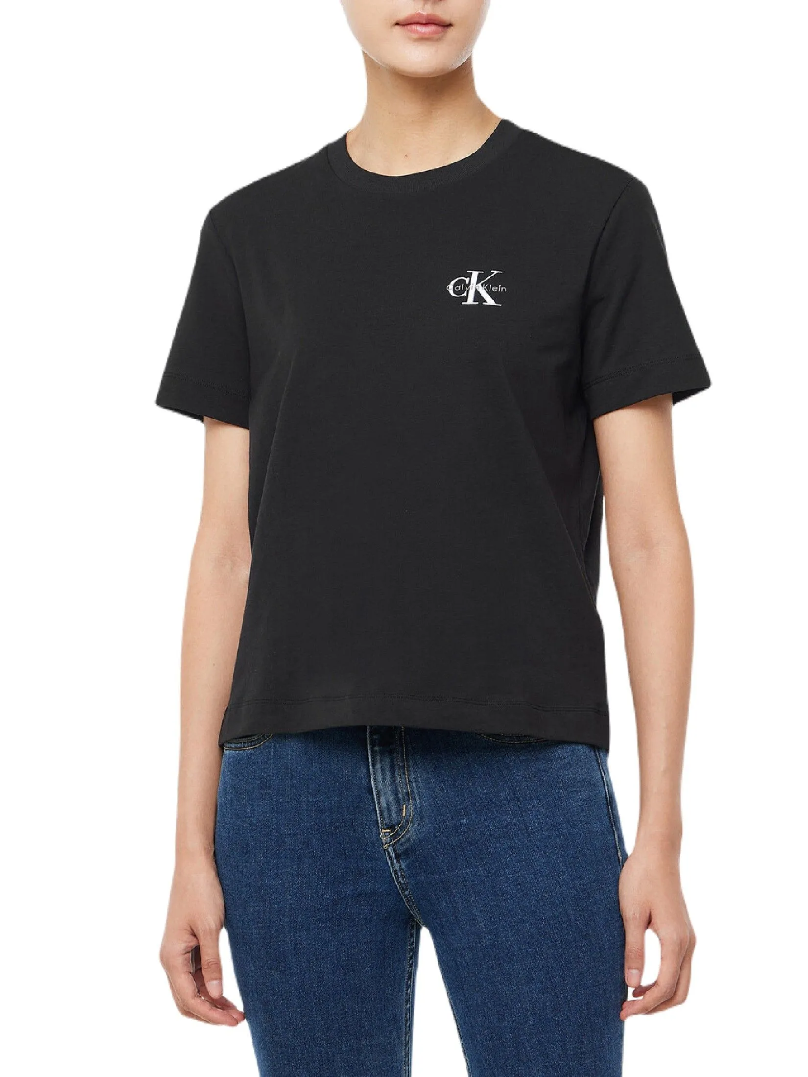 CALVIN KLEIN Women's Regular Fit Small Monogram Logo Short Sleeve T-Shirt Black Size - XS