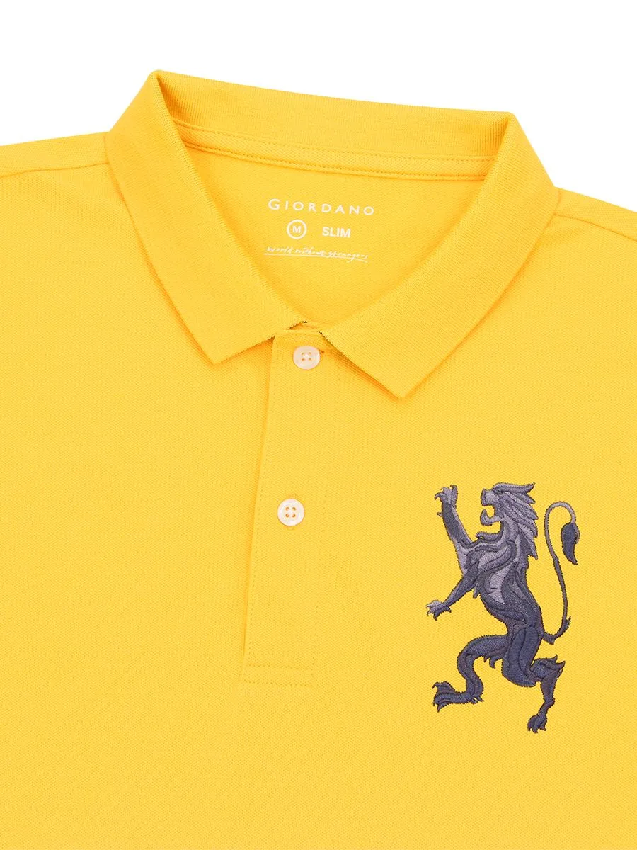 GIORDANO Men's Lycra Pique Embroidery Polo (3D Lion)  Daffodi yellow