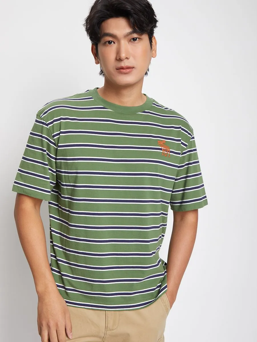 DEFRY 01 Men T-Shirt Crew Neck Short Sleeves Striped Printed Green
