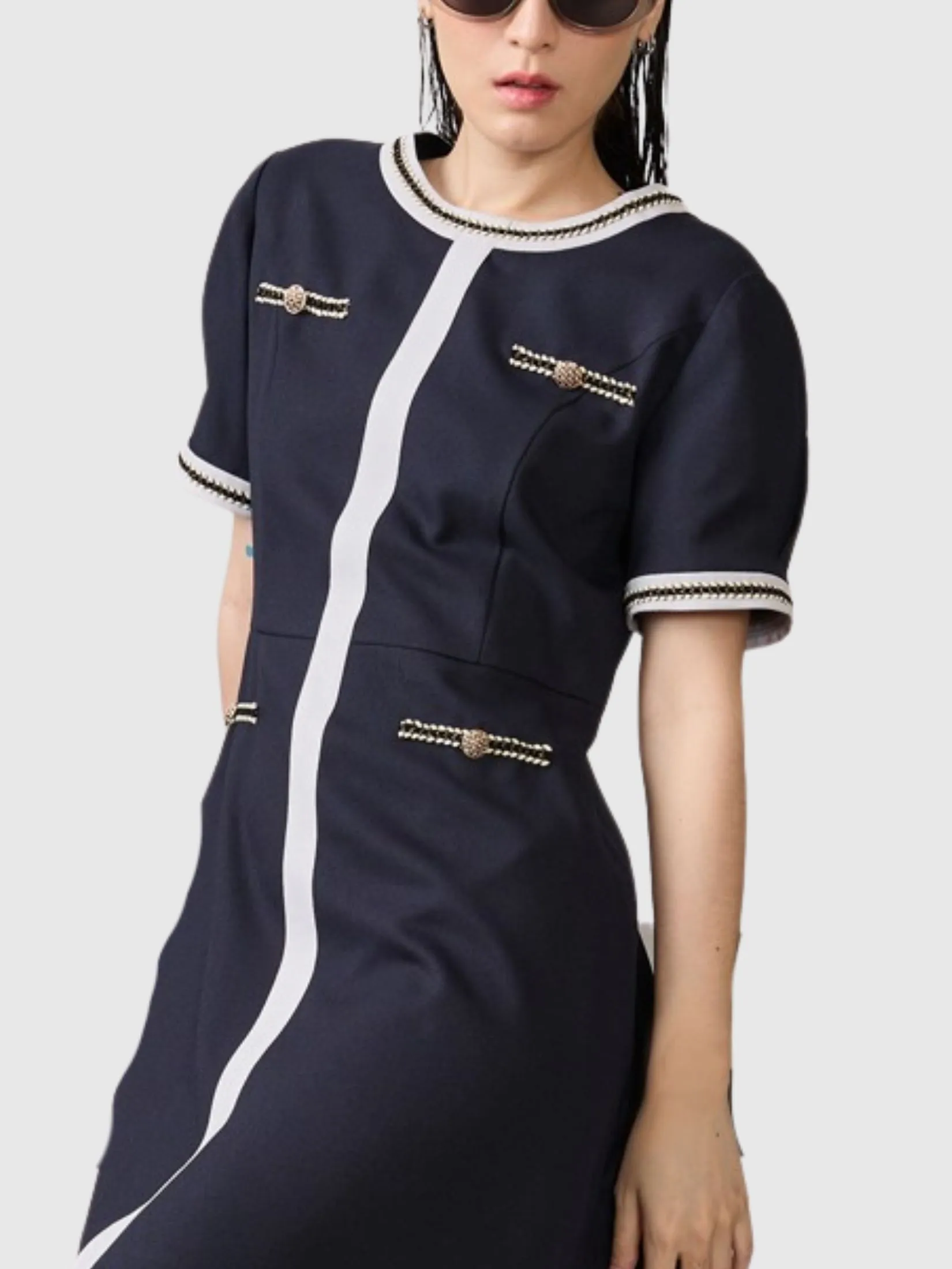 AMILA Women Dress Short Sleeves Moss Crepe Navy Blue