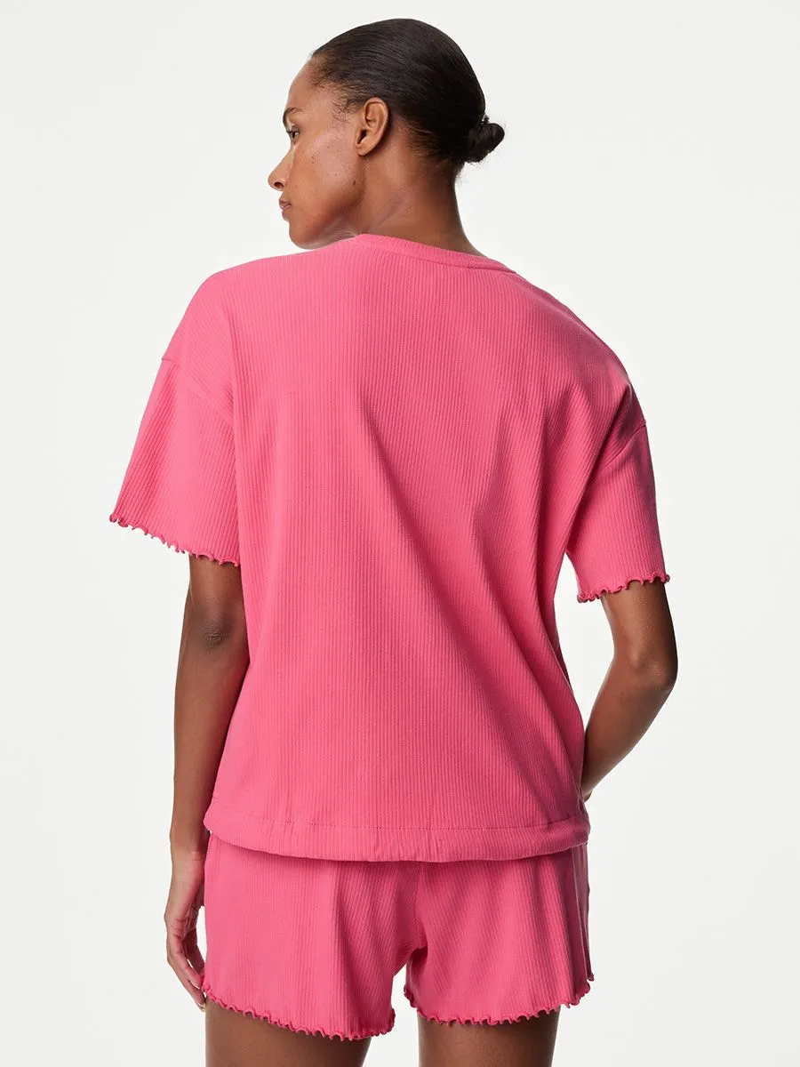 MARKS & SPENCER Women Top Cotton Rich Ribbed Drawstring Lounge Sakura
