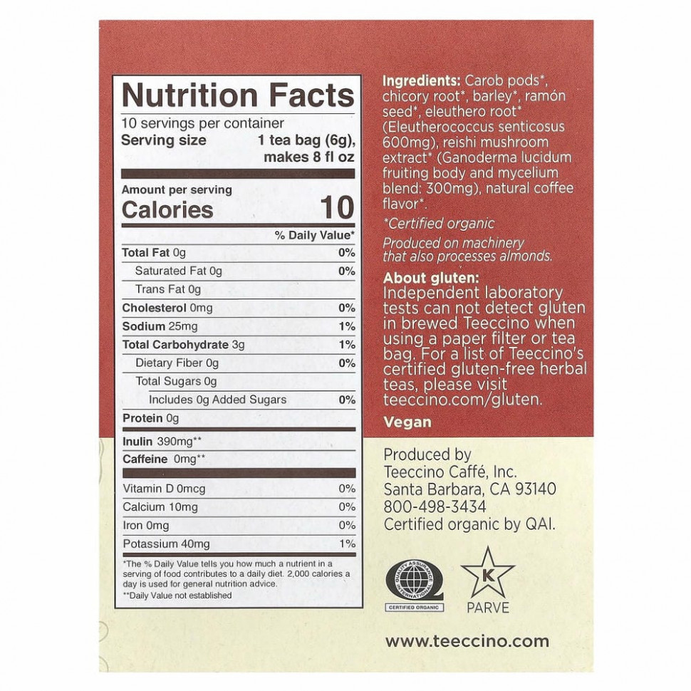 Teeccino, Mushroom Herbal Tea, Organic Reishi Eleuthero, French Roast, Caffeine Free, 10 Tea Bags, 2.12 oz (60 g)