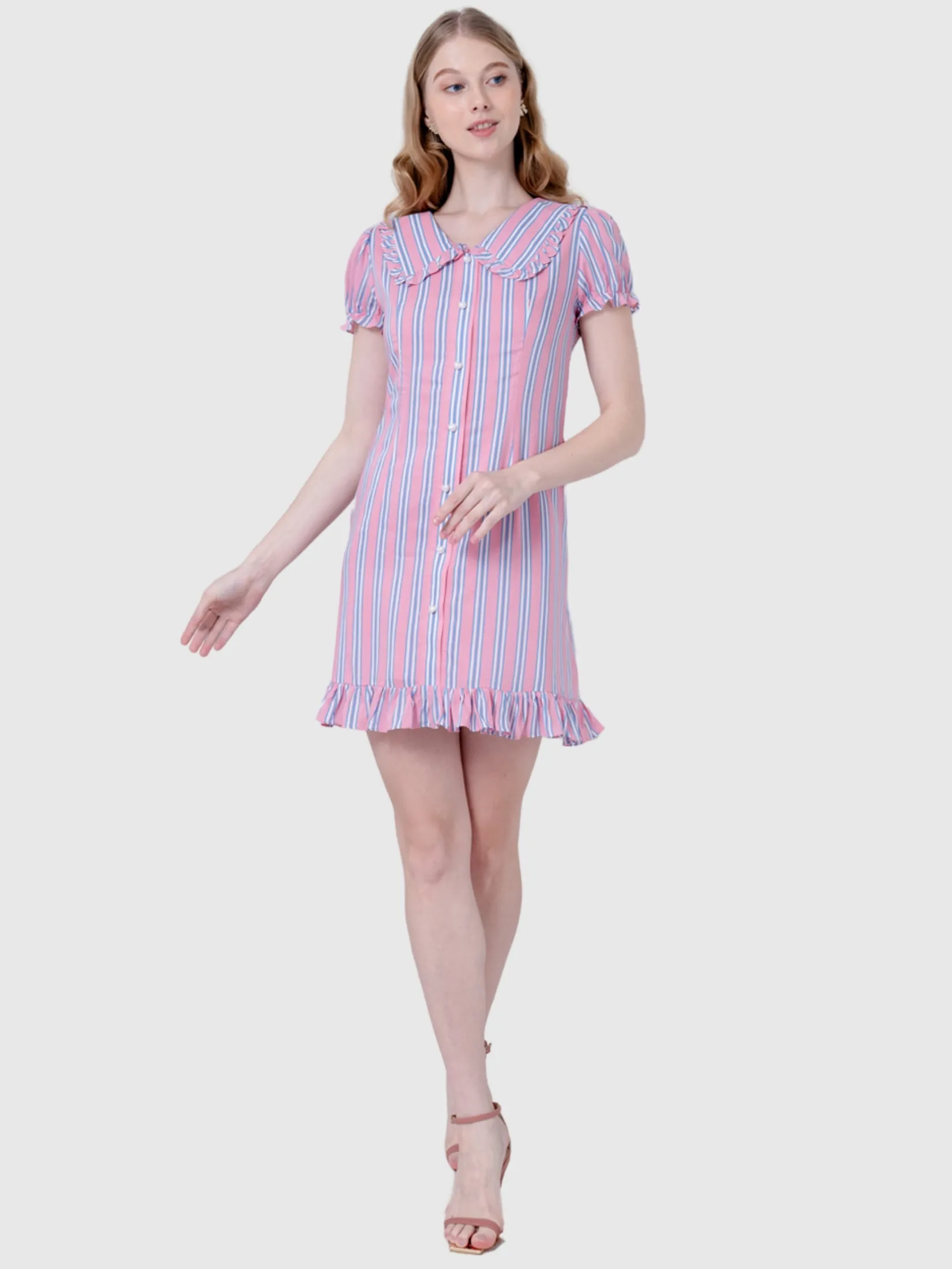 AMILA Women Dress Short Sleeves Cotton Print Pink