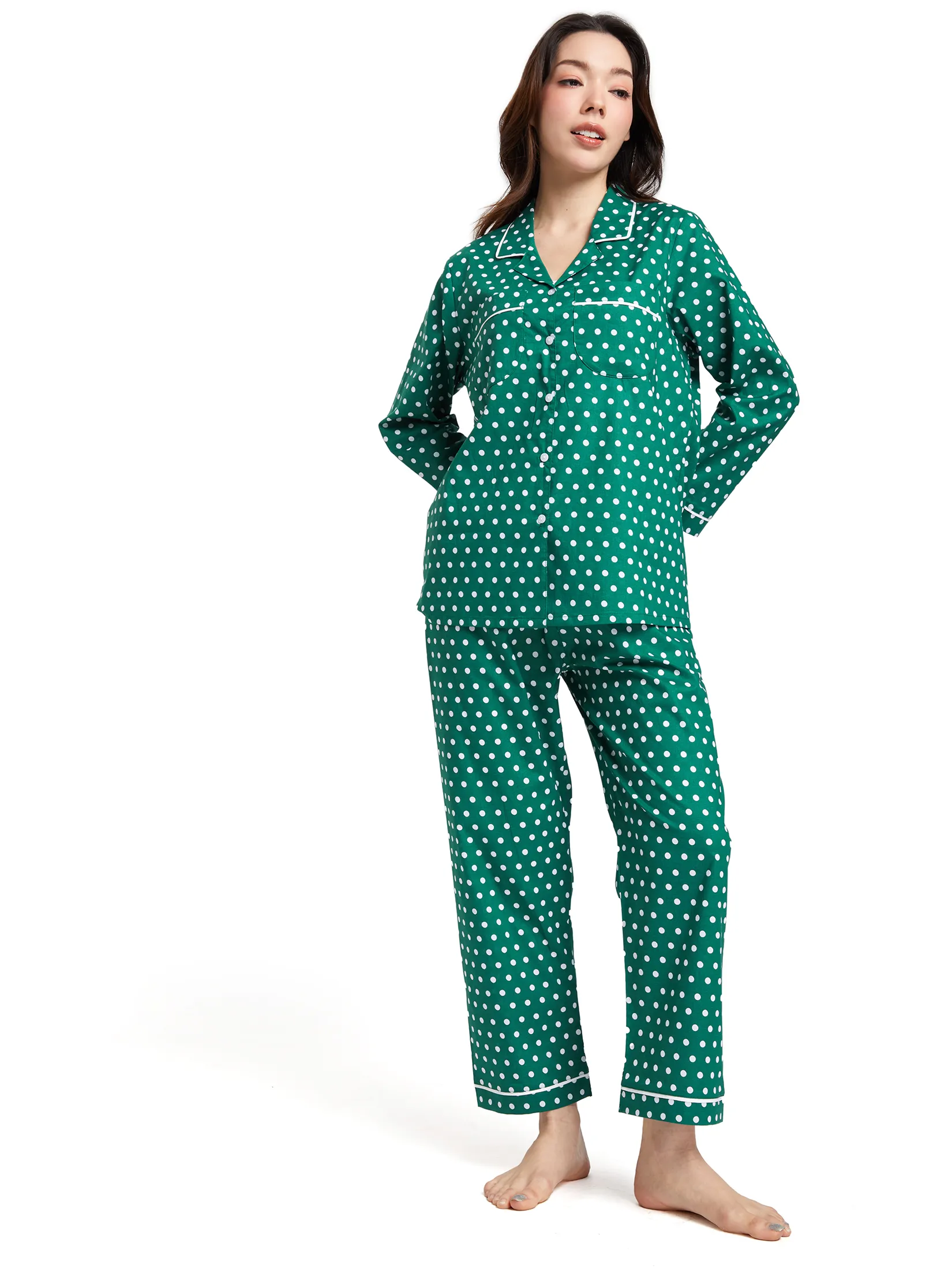 CLAUDIA'S ROMANCE Women Pyjamas Shirt Long Sleeves Front Pockets + Pants Green Size - XL