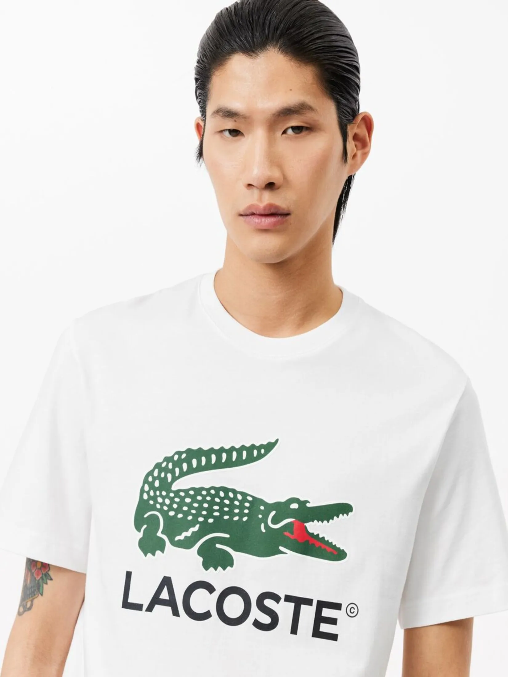 LACOSTE Signature Print Cotton T-shirt White