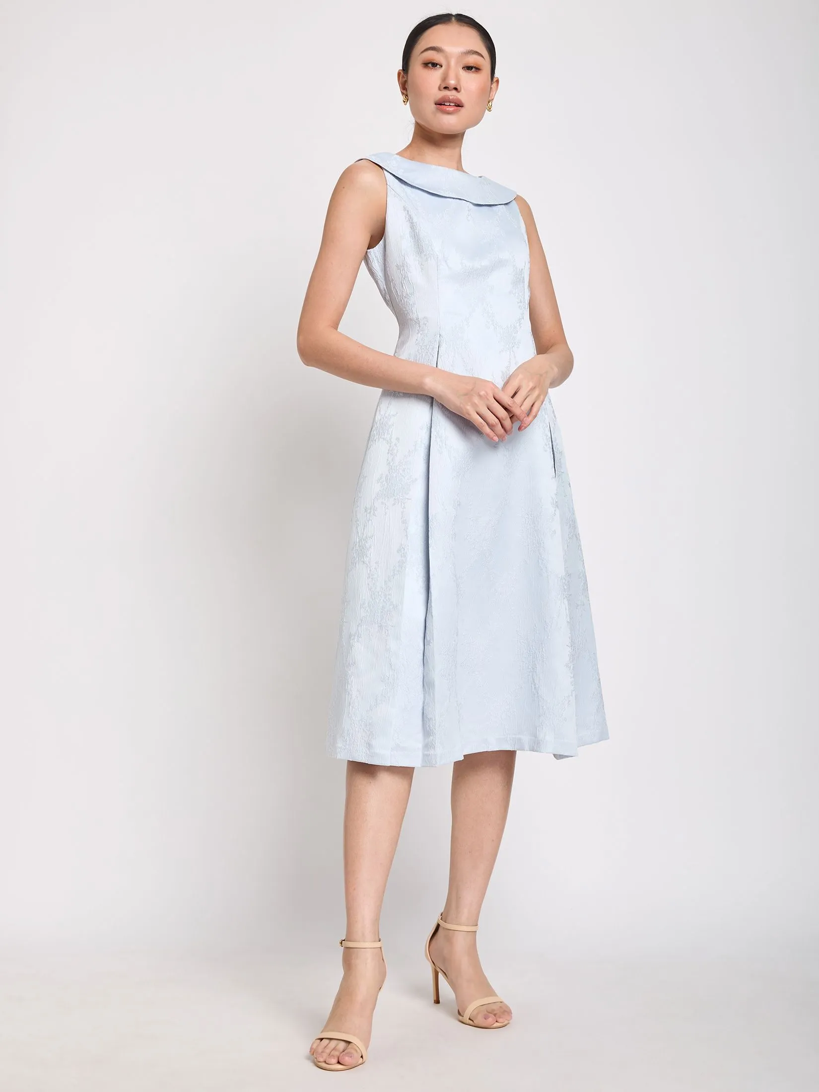 EXPRESSIONS EVENING Women Midi Dress With Collared Boat Neck And Pleat Detail Blue