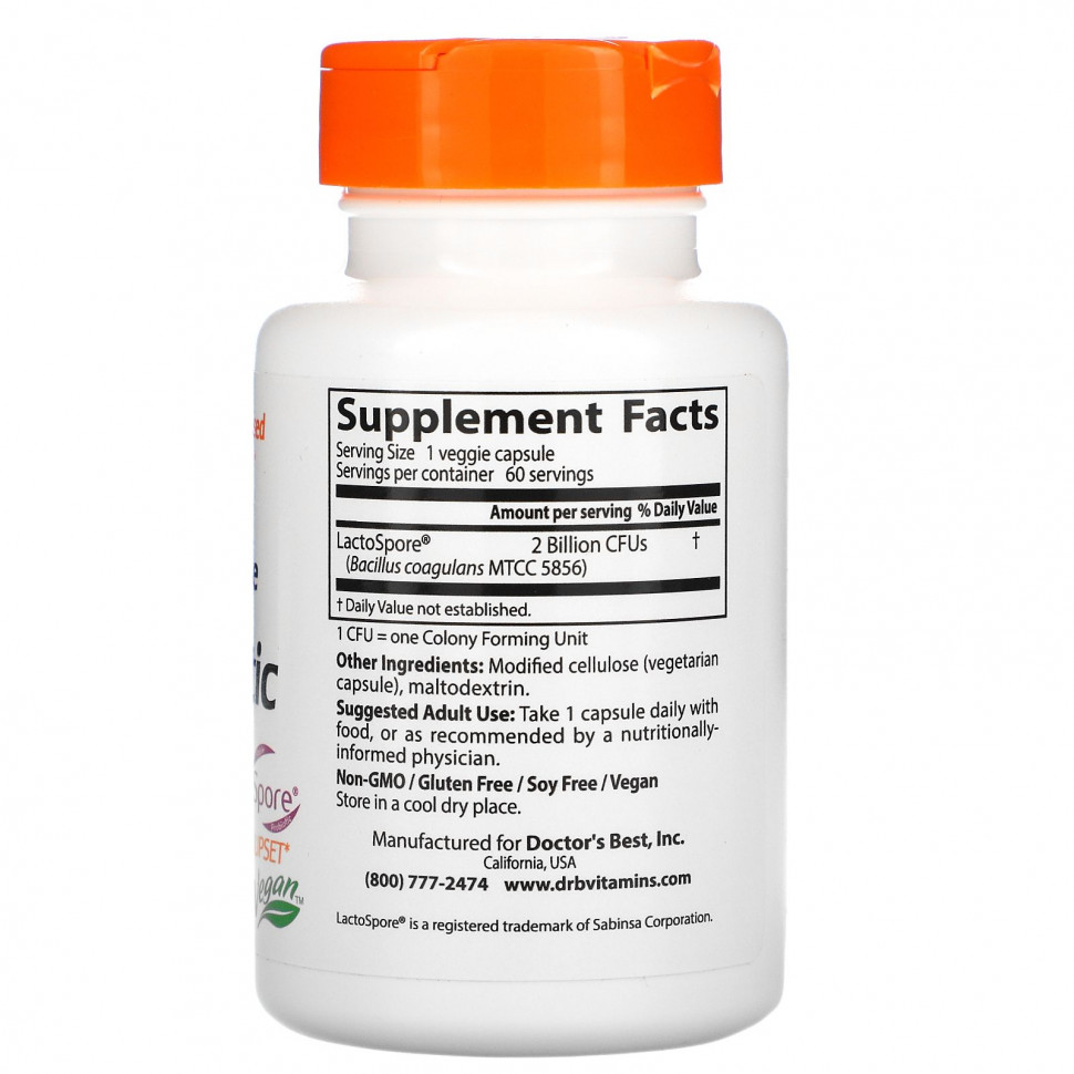 Doctor's Best, добавка для здоровья пищеварительной системы, пробиотик с LactoSpore, 2 млрд КОЕ, 60 вегетарианских капсул