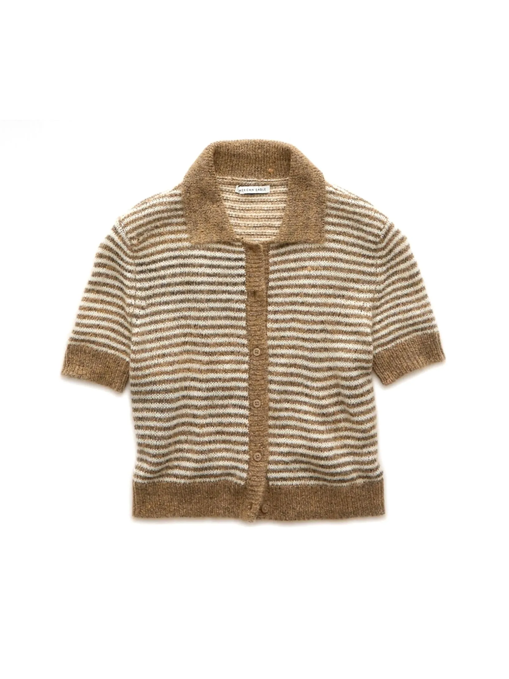 AMERICAN EAGLE WOMEN 1294 SHORT SLEEVE POLO STRIPE CARDI 207 TAN Size - M