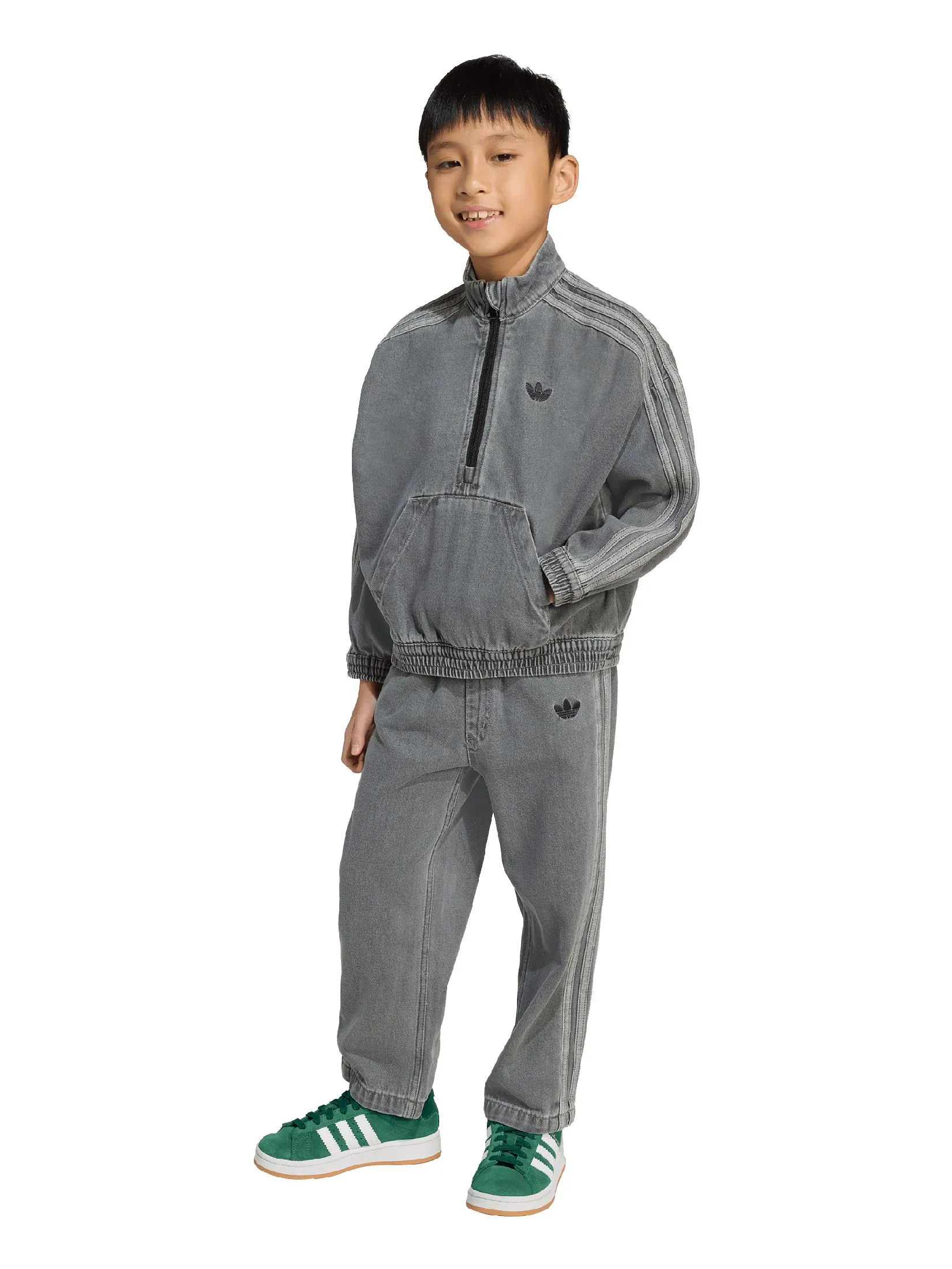 ADIDAS KIDS Unisex Toddler Denim Crew Jacket + Pants Set Grey Beige