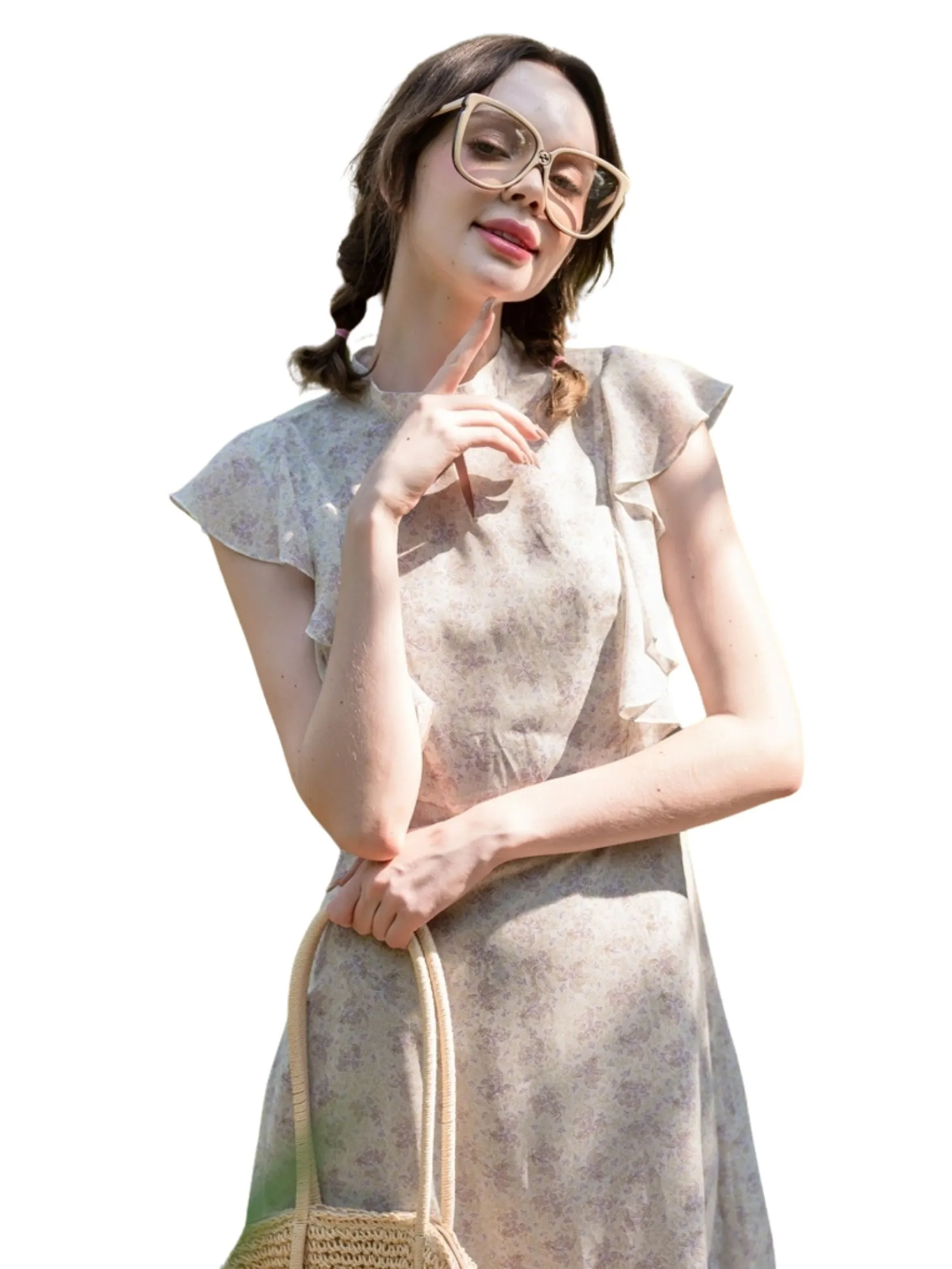 AMILA Women Dress Short Sleeves Chiffon Print Cream