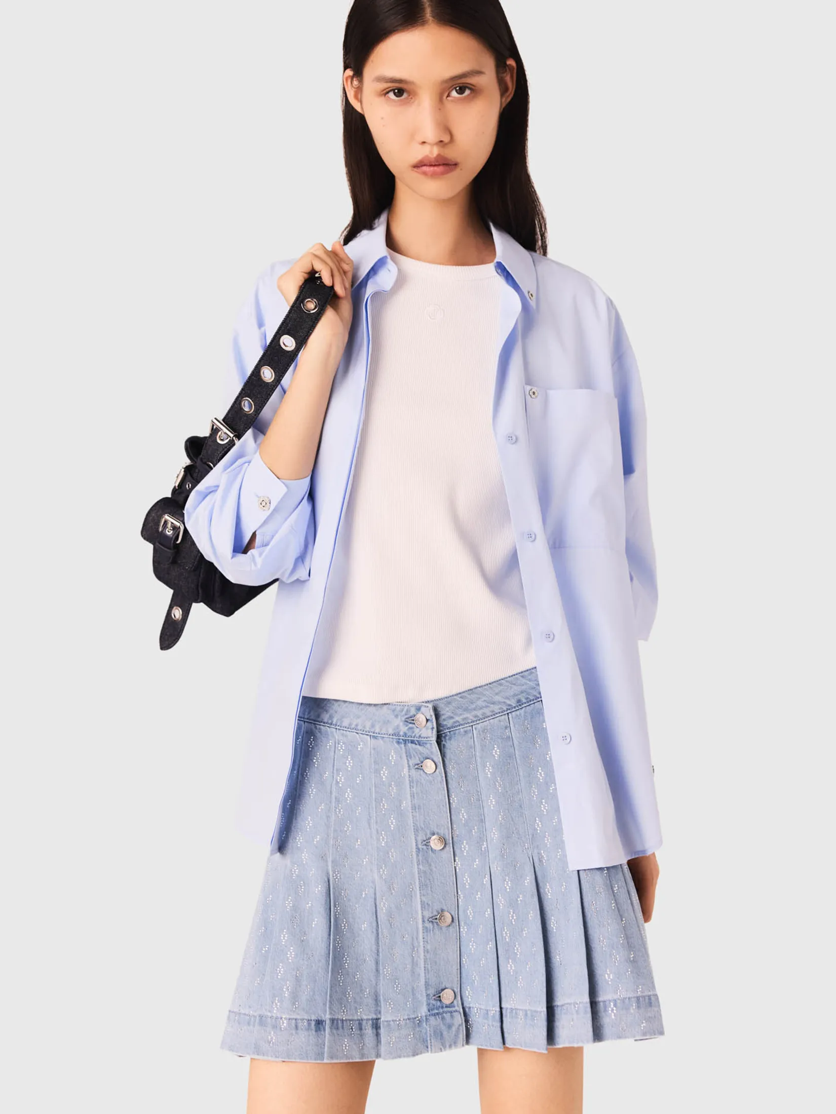 MAJE Women Denim Skirt Rhinestone Pleated