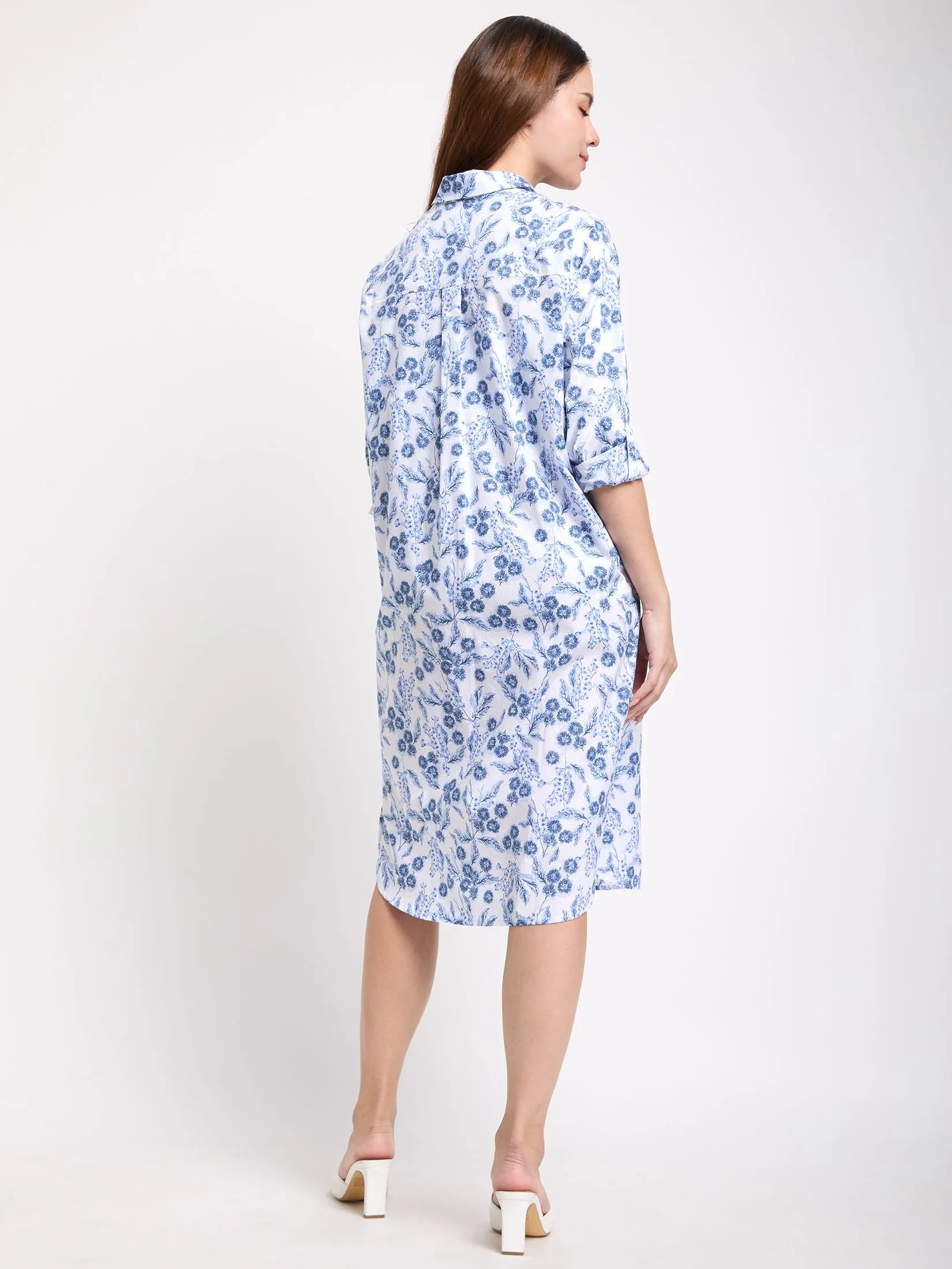 ALUMNUS Women Dress Long Sleeves Collar Neck Print Blue