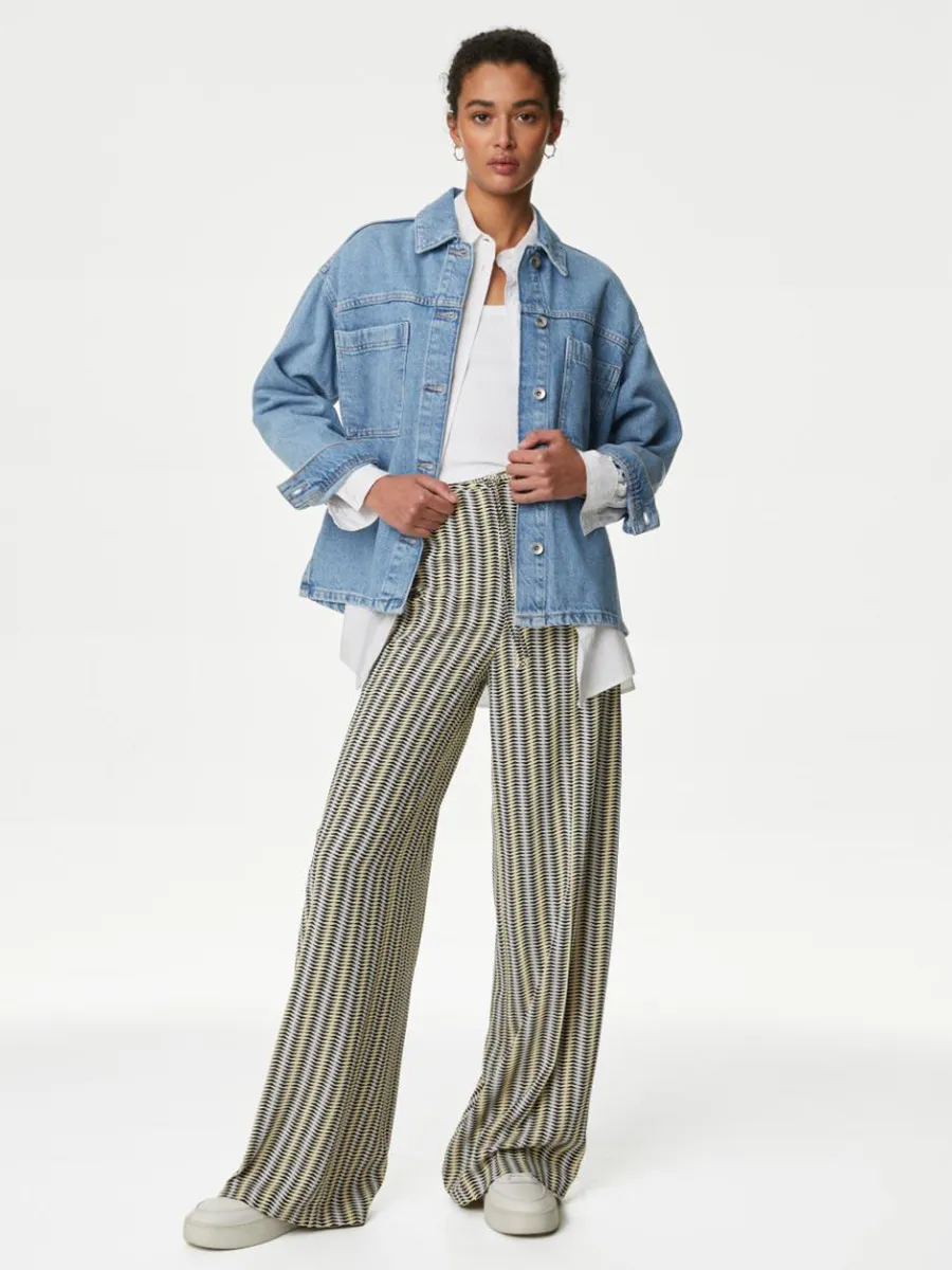 MARKS & SPENCER Women Trousers Printed Drawstring Wide Leg Navy Mix Size - 16 Short