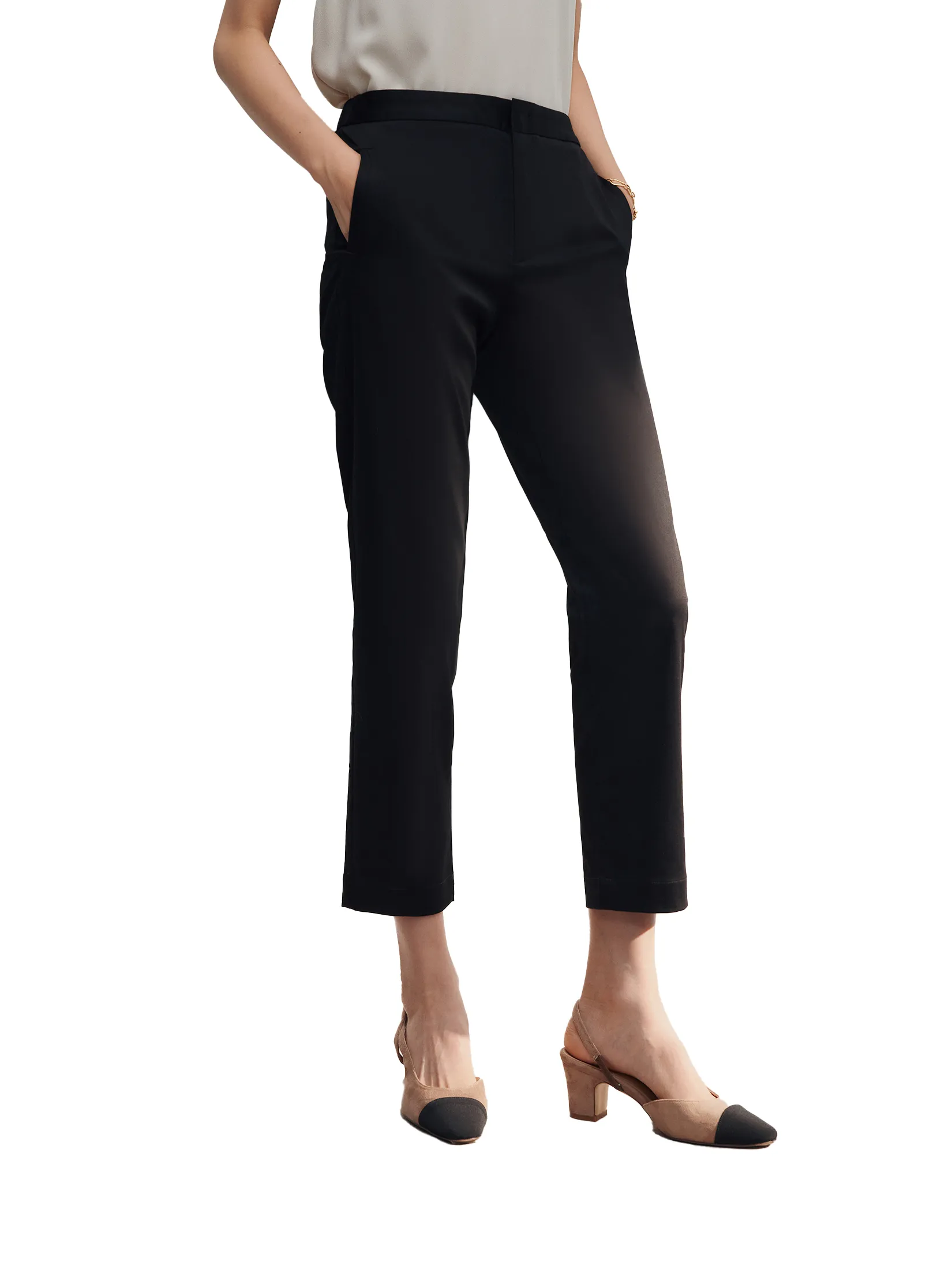 G2000 Women Clothing Cotton Blend Spandex Satin Casual Pants W/ Elastic Waistband Cropped Cigarette Shape - Black