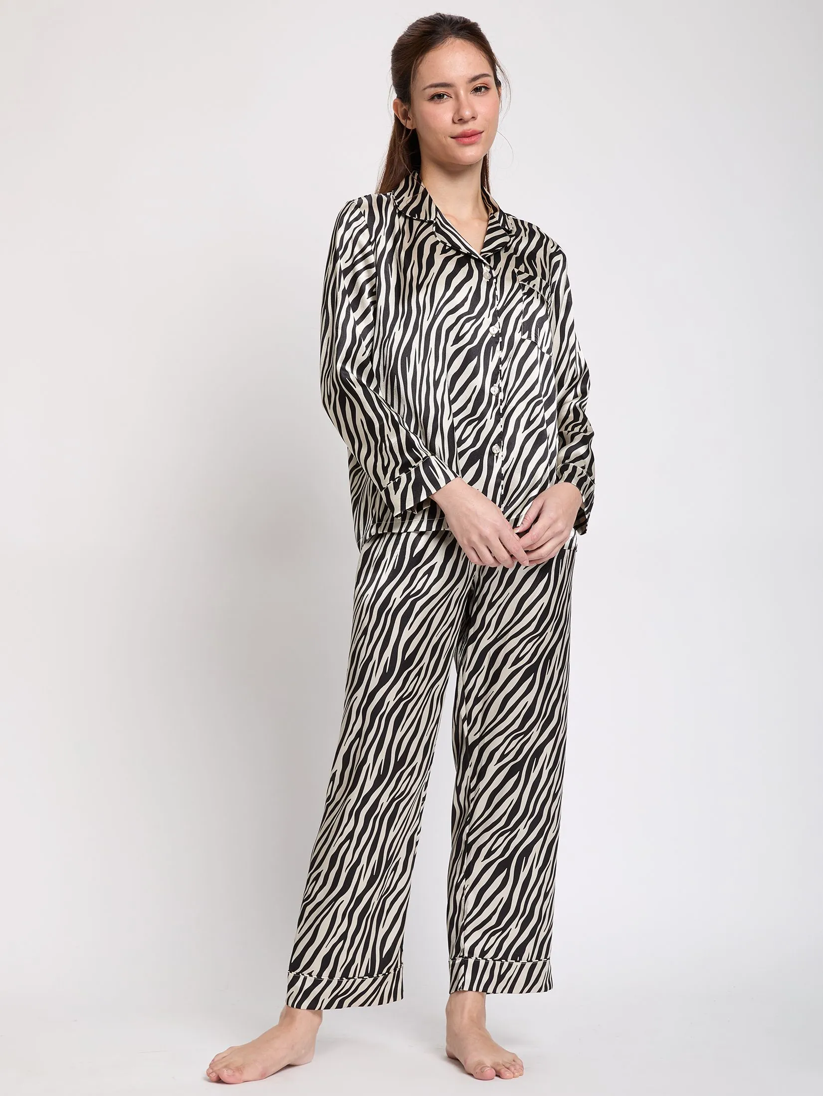 MARIA VICTORIA Women Pyjamas Hawaii Shirt Long Sleeves + Pants Print Beige