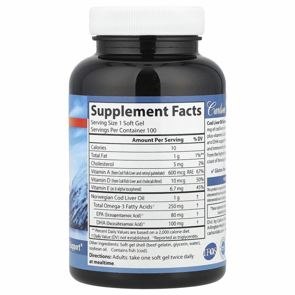 Carlson Labs, Wild Norwegian, Cod Liver Oil Gems, жир печени дикой норвежской трески в капсулах, высшего качества, 1000 мг, 100 капсул