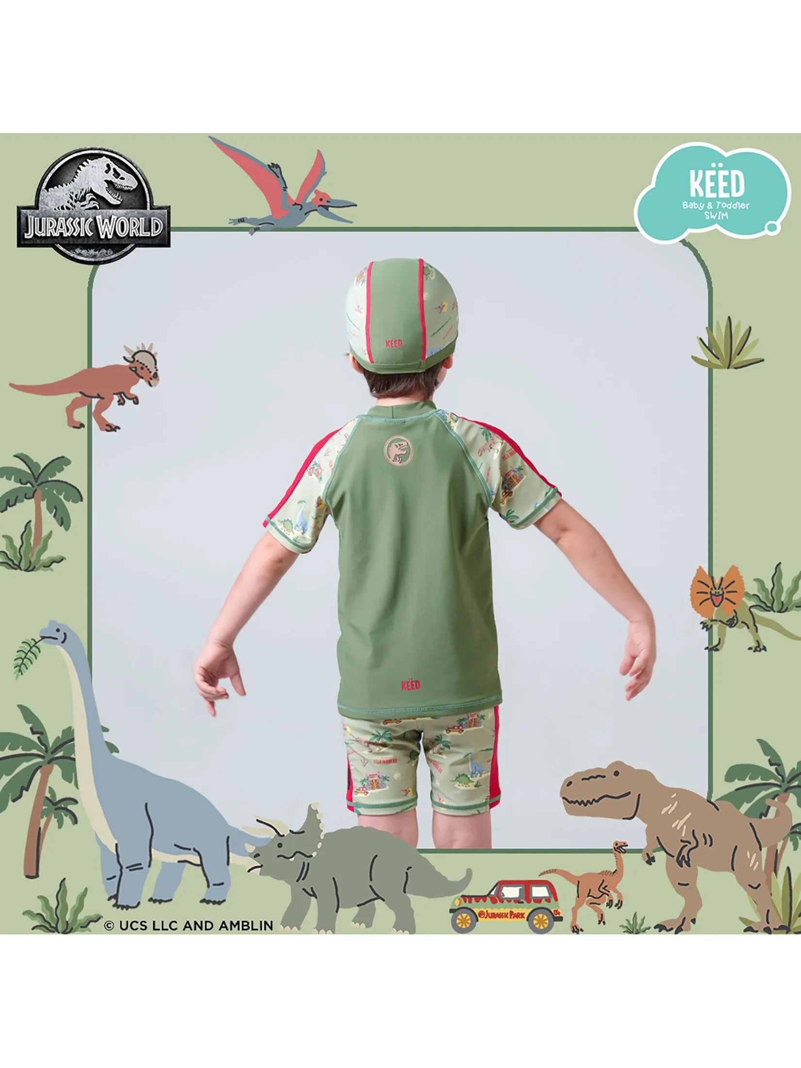 KEED Boy Swimming Set Rashguard Short Sleeves + Shorts Jurassic World Khaki Green