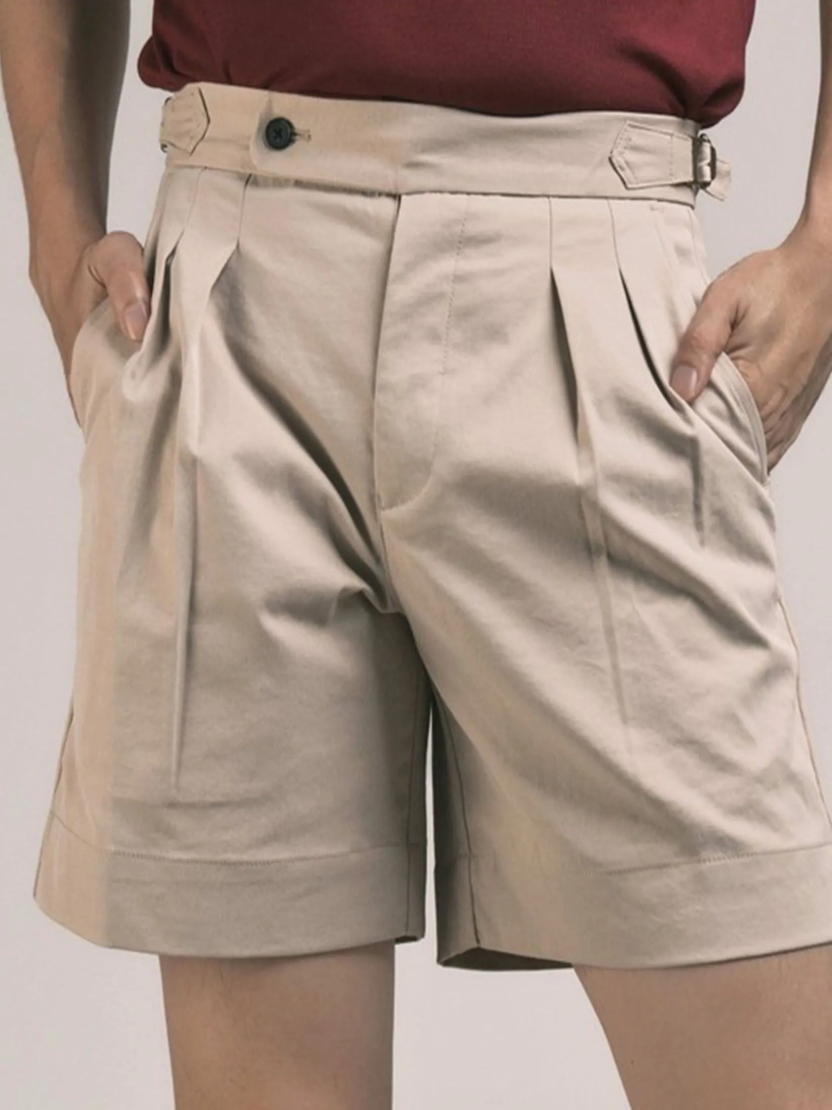 ERA-WON Men's short pant Double belts Classic Shorts Beige