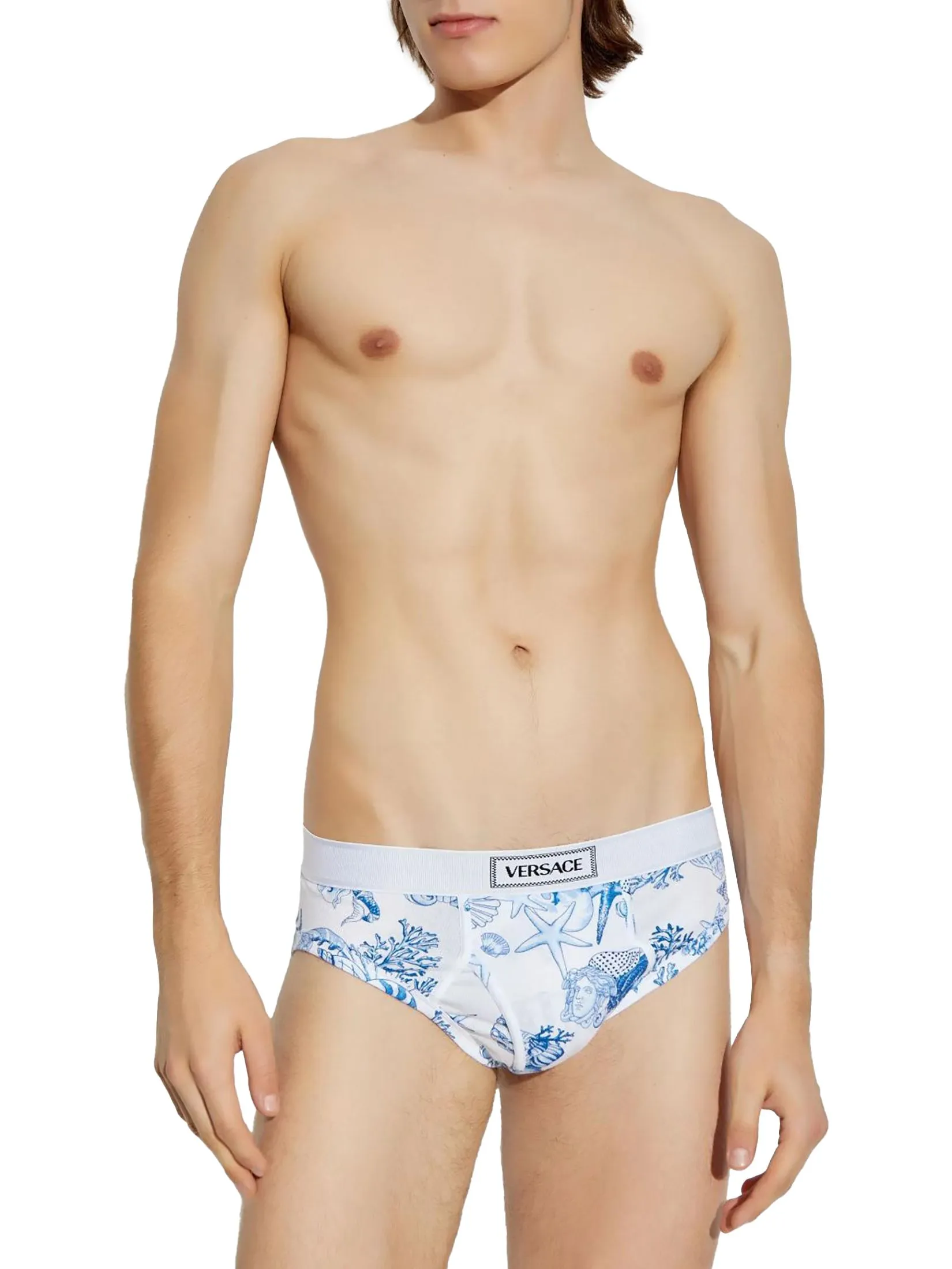 VERSACE UNDERWEAR Men Underwear Slip Tex Rib Cotton Bio La Vacanza Print White + Bright DV Blue
