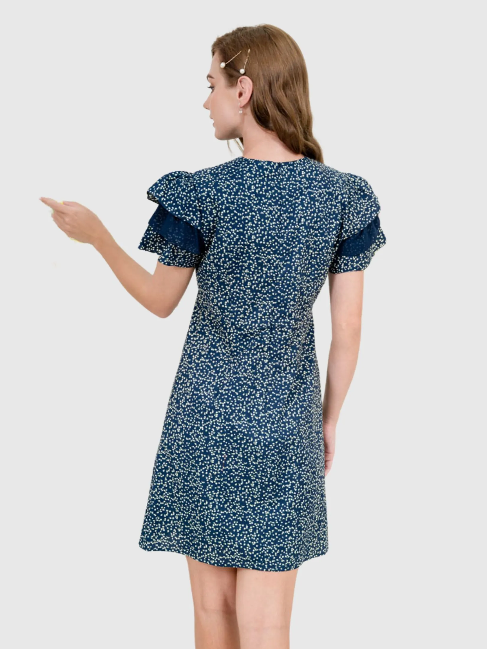 AMILA Women Dress Short Sleeves Rayon Print Navy Blue