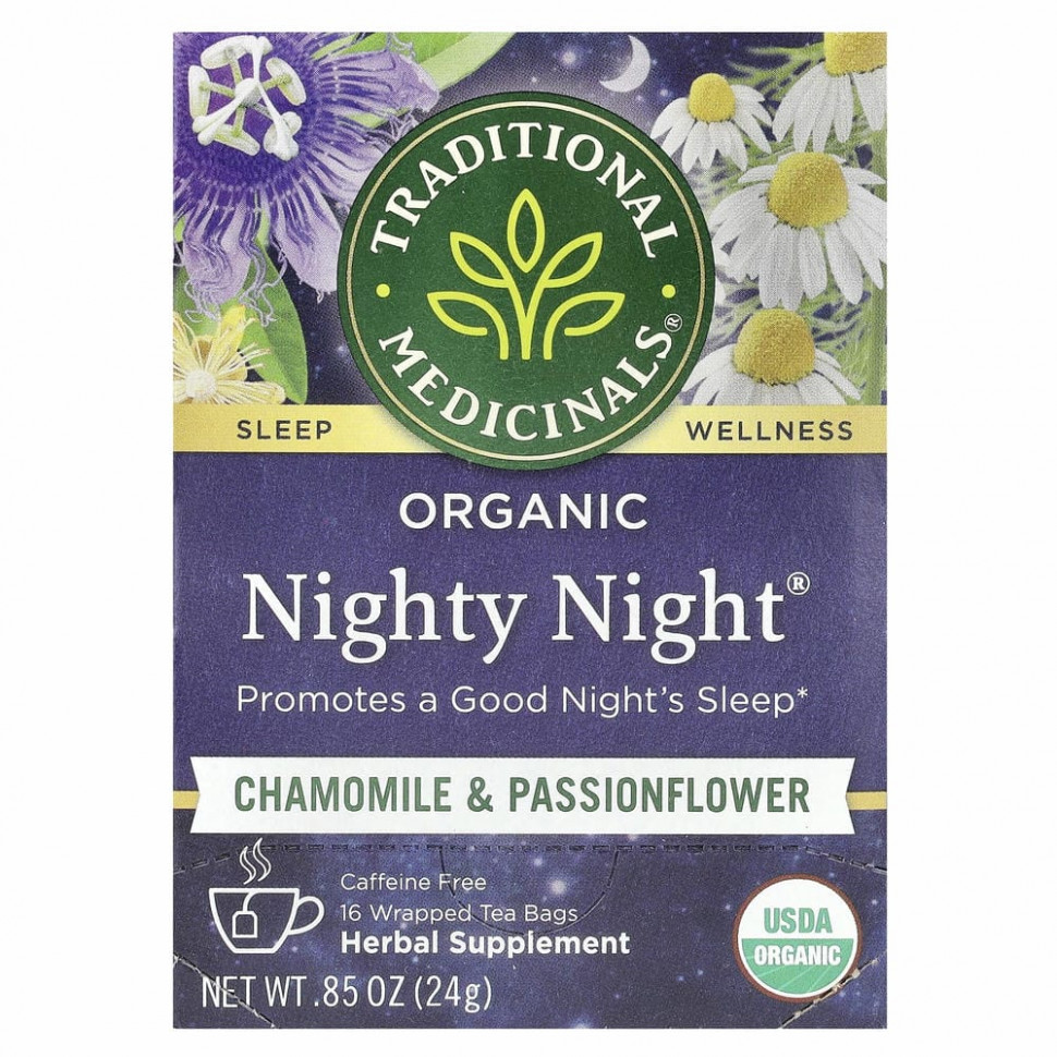 Traditional Medicinals, Nighty Night, органический, фирменный чай с пассифлорой, без кофеина, 16 чайных пакетиков, 24 г (0,85 унции)