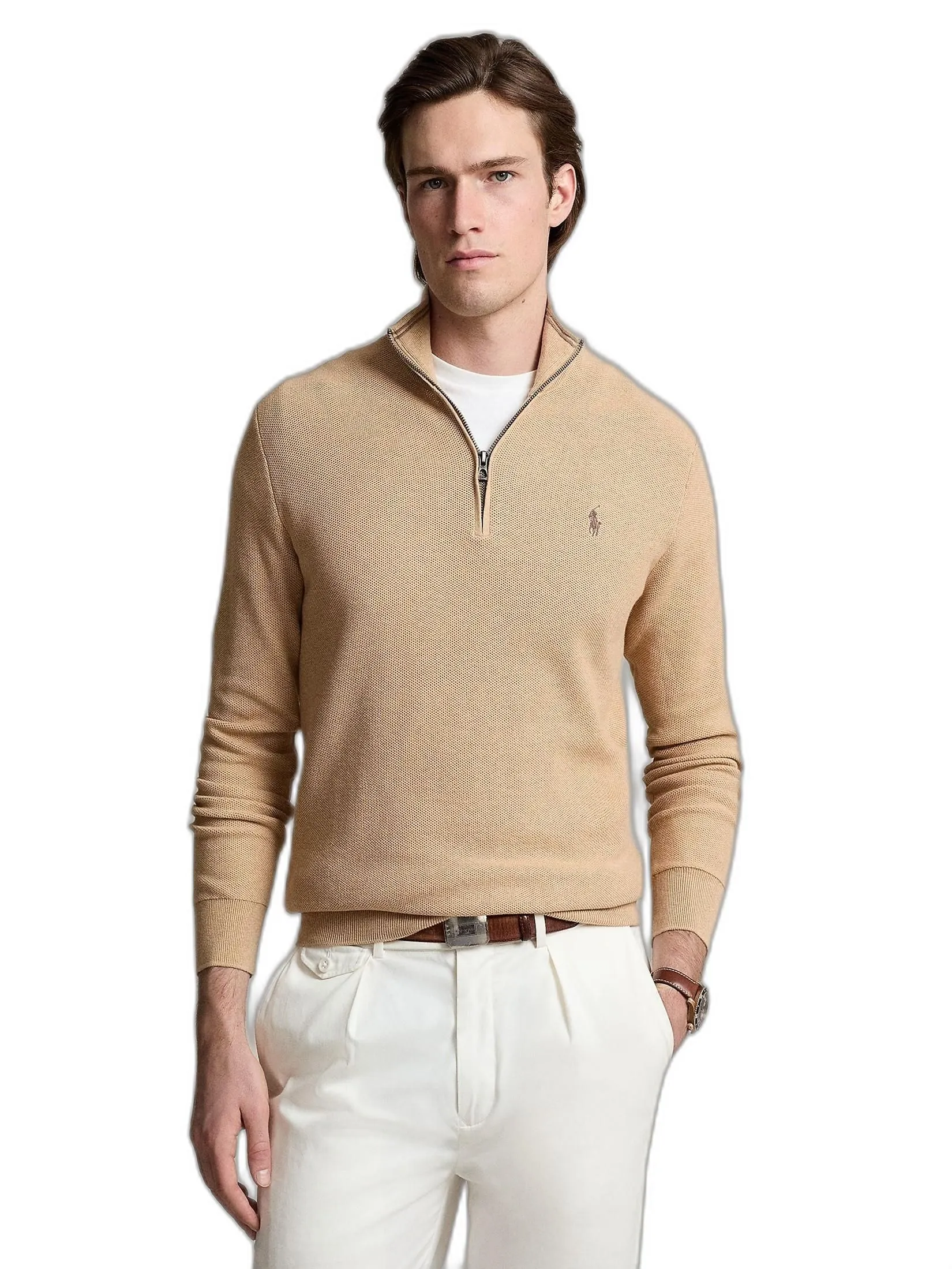 POLO RALPH LAUREN Men Pullover-Mesh-Knit Cotton Quarter-Zip Sweater MNPOSWE16821825-Brown