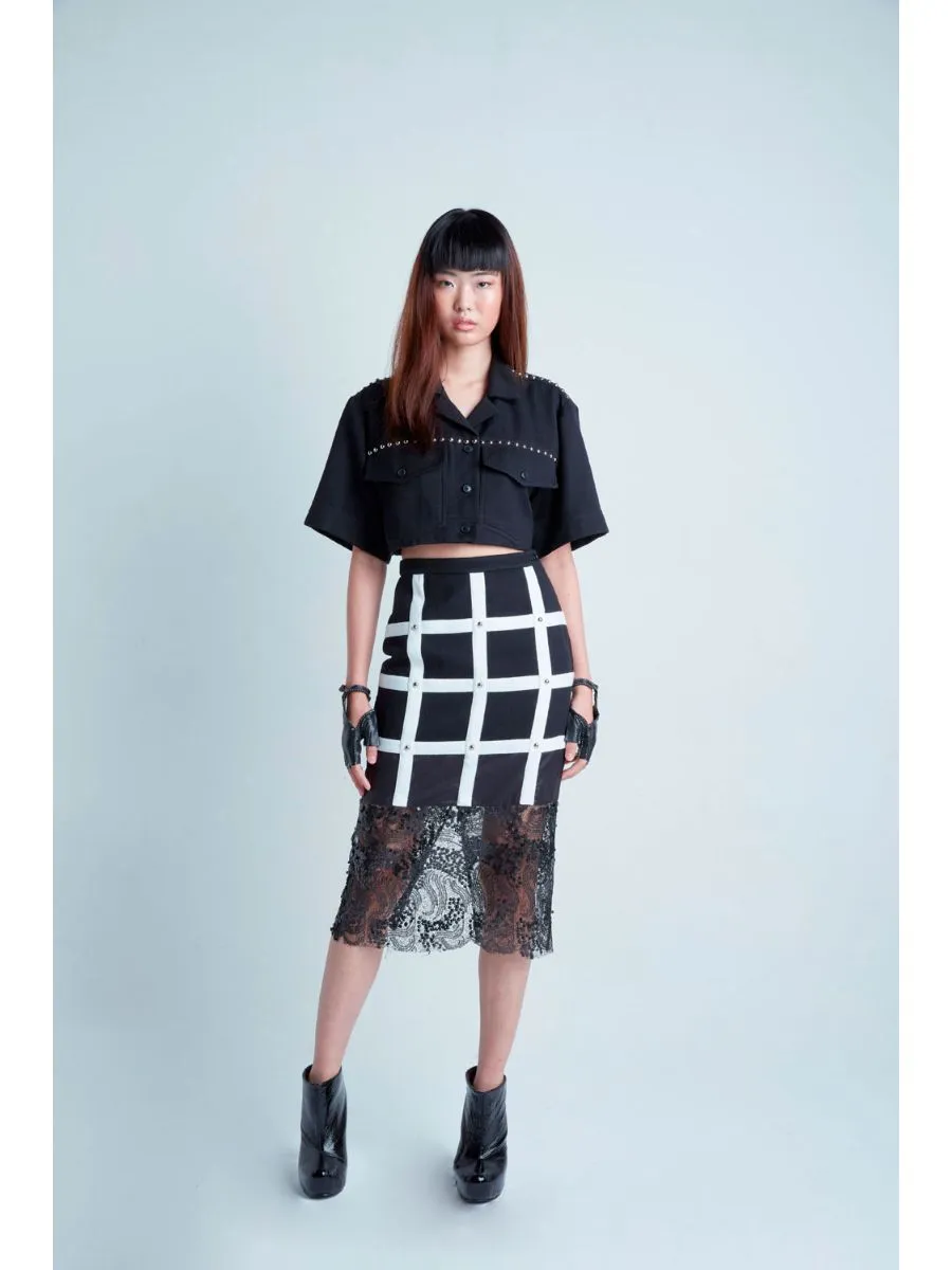 SENADA WOMEN BLACK STUDDED SKIRT WITH SEQUIN LACE