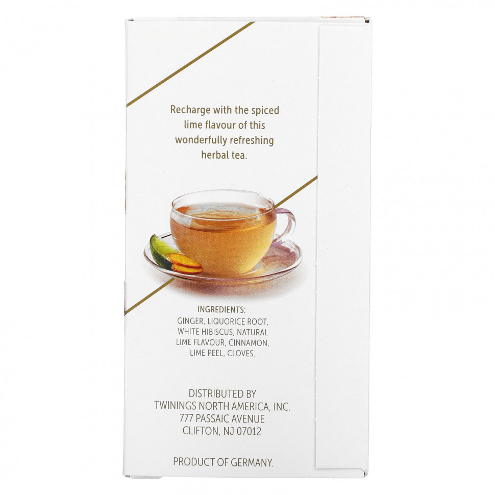 Twinings, Support, травяной чай из белого гибискуса, лайм и имбирь, без кофеина, 18 чайных пакетиков, 27 г (0,95 унции)