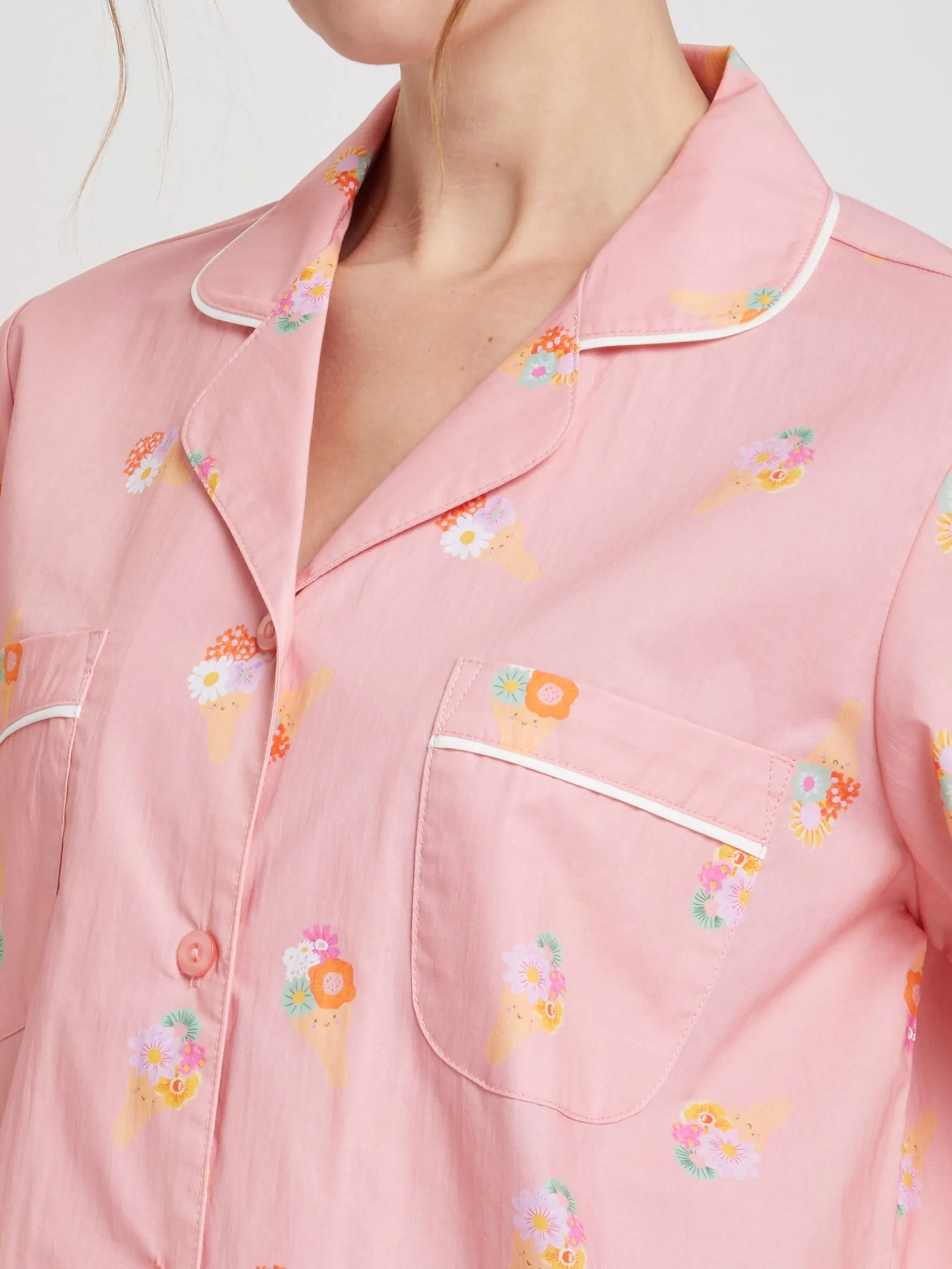 FOF Women Pyjamas Shirt Short Sleeves Collar Neck + Pants Ice Cream Print Pink