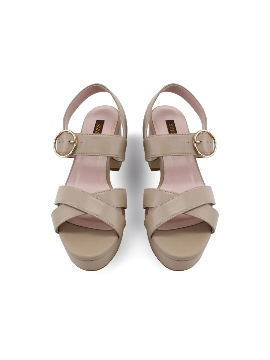 SIRENA Beige Leather Sandals Open Toe Blocked Heel 2.7 inch Anna